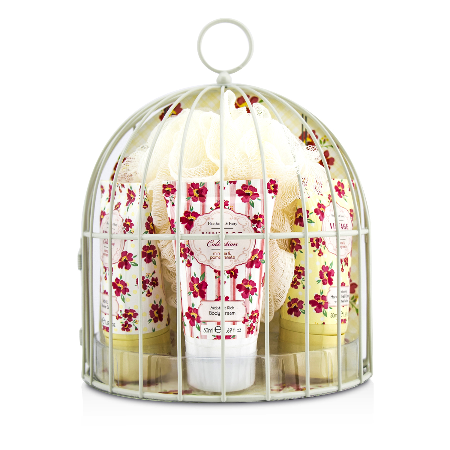 Heathcote & Ivory Vintage Rose Miniature Birdcage With Bath & Body Essentials: Bath & Shower Gel 50ml+Body Cream 50ml+ 4pcs