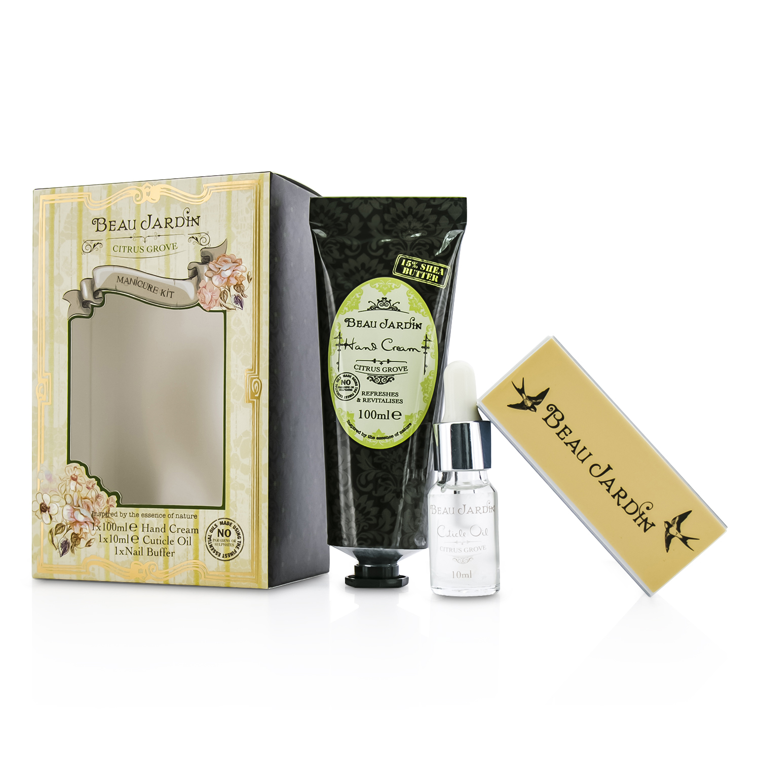 Heathcote & Ivory Beau Jardin Citrus Grove Manicure Coffret: Hand Cream 100ml/3.38oz + Cuticle Oil 10ml/0.33oz + Nail Buffer 3pcs