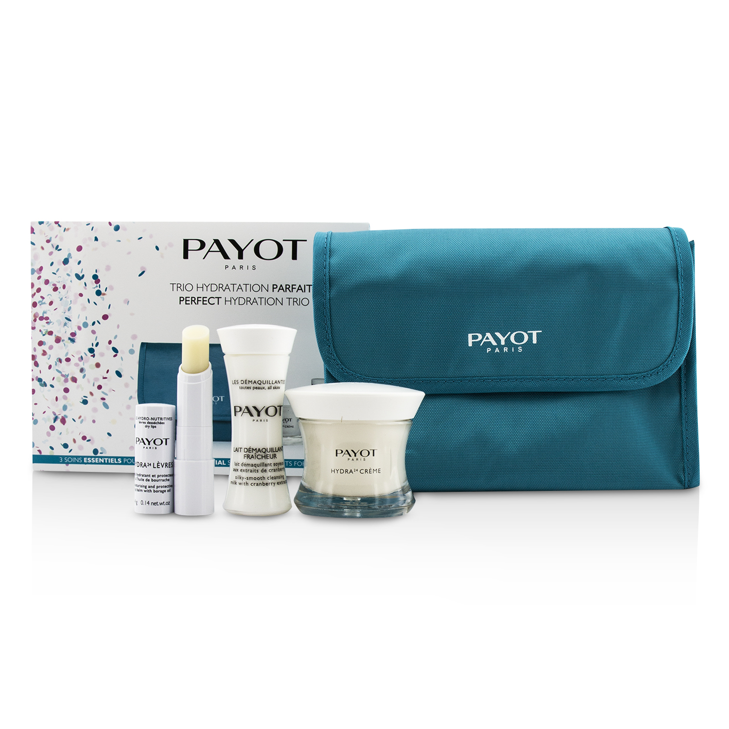 Payot Perfect Hydration Trip Set : Cleansing Milk 30ml + Cream 50ml + Lip Balm 4g + Bag 3pcs + 1bag