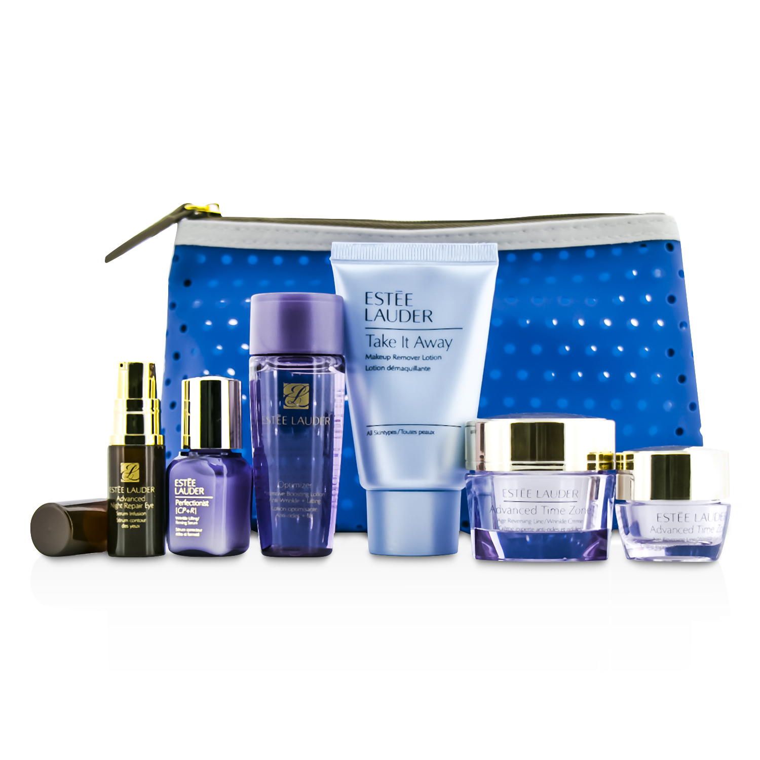 Estee Lauder Travel Set: Makeup Remover + Optimizer + Advanced Time Zone Cream + Perfectionist [CP+R] + Eye Cream + Eye Serum + Bag 6pcs+1bag