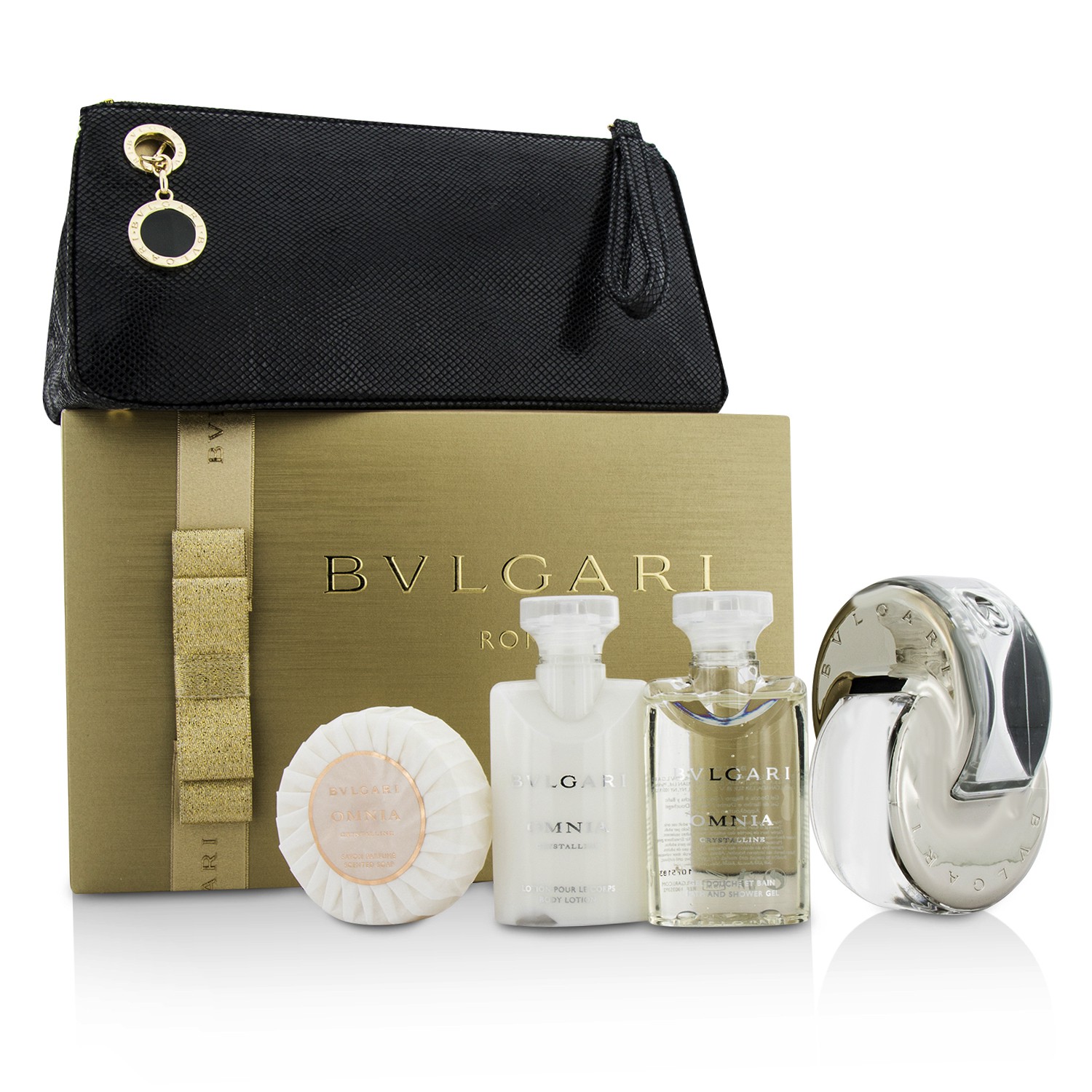 宝格丽 Bvlgari 晶莹纯香套装: 淡香水喷雾 65ml/2.2oz + 身体乳 40ml/1.35oz + 沐浴露 40ml/1.35oz + 香皂 50g/1.76oz + 化妆包 4件+1包