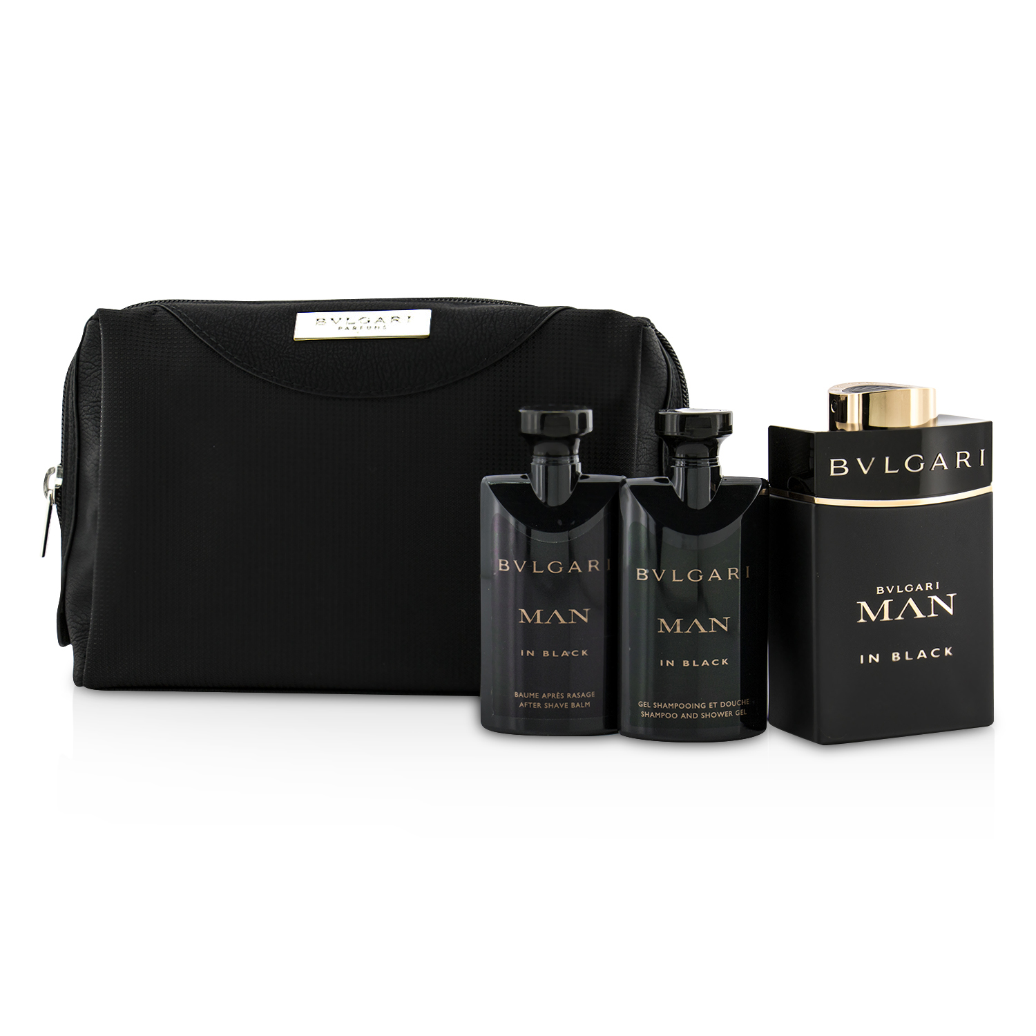 Bvlgari ชุด In Black Coffret:สเปรย์น้ำหอม EDP 100ml/3.4oz + บาล์มหลังการโกน After Shave Balm 75ml/2.5oz + เจลอาบน้ำ Shower Gel 75ml/2.5oz + กระเป๋า 3pcs+1pouch