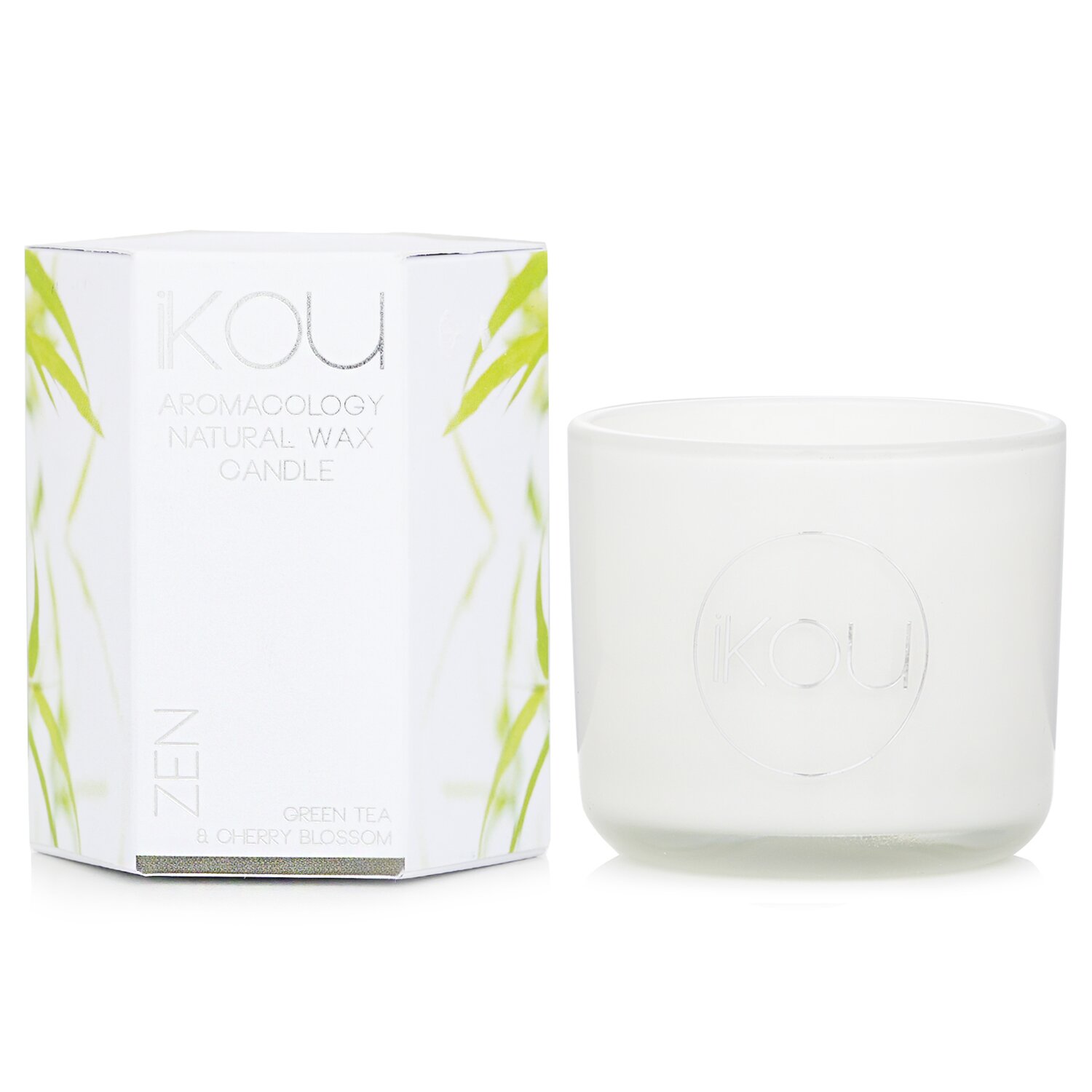 iKOU Eco-Luxury Aromacology svíčka s přírodním voskem ve skle - Zen (Green Tea & Cherry Blossom) 85g