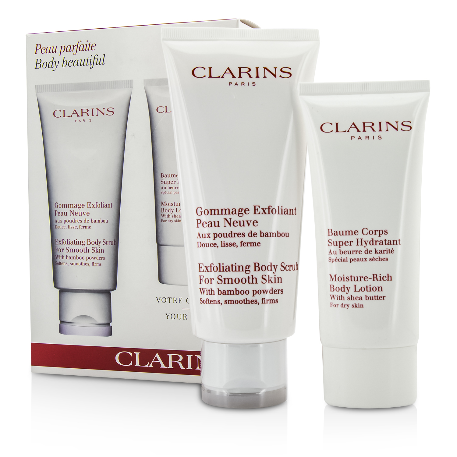 Clarins Body Beautiful Set: Body Scrub 200ml + Body Lotion 100ml 2pcs