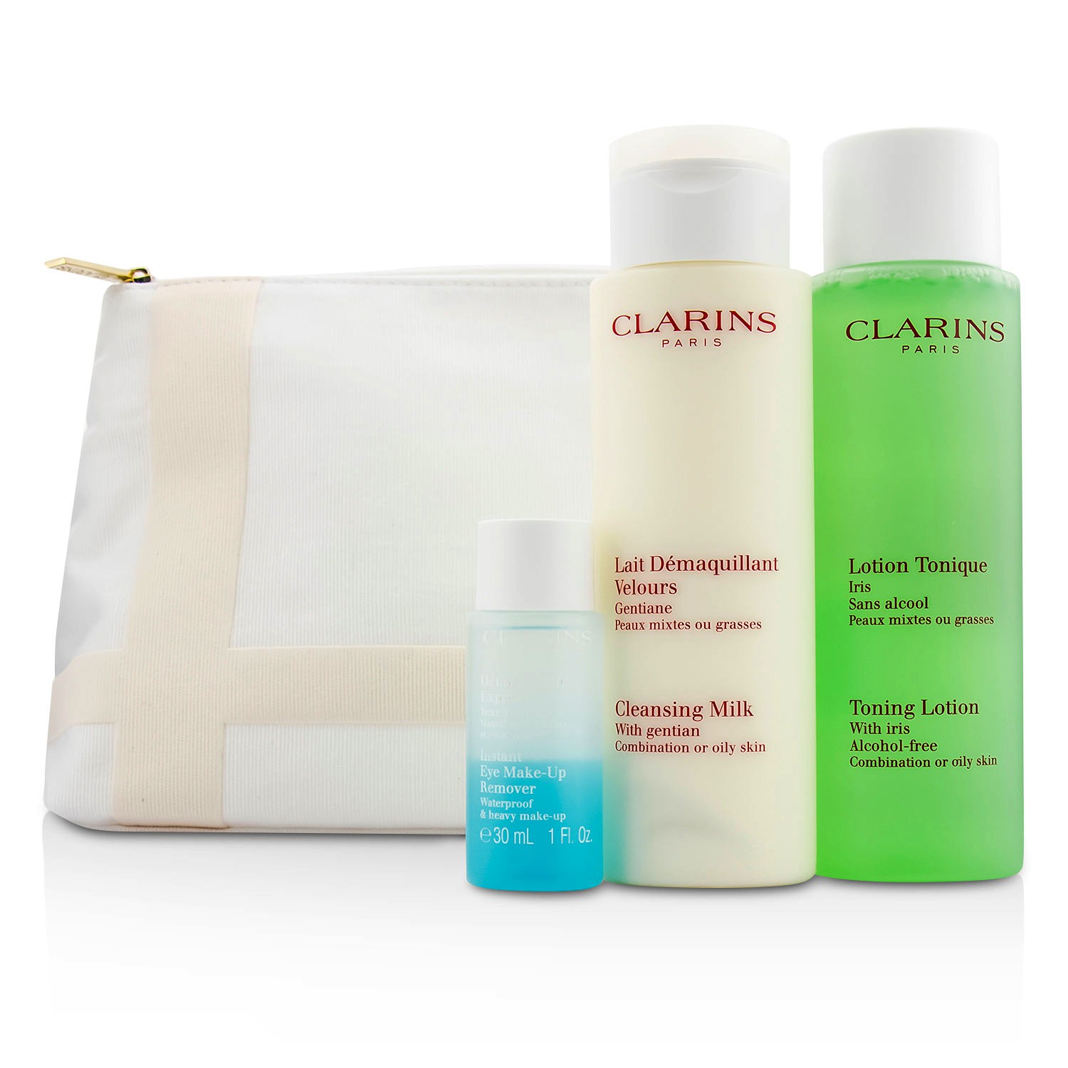 Clarins Cleansing Set (kombinert eller fet hud): Cleansing Milk 200ml + Toning Lotion 200ml + Eye Make-Up Remover 30ml + Bag 3pcs+1bag