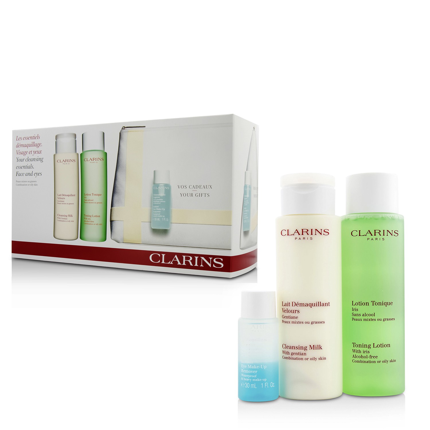 Clarins Cleansing Set (kombinert eller fet hud): Cleansing Milk 200ml + Toning Lotion 200ml + Eye Make-Up Remover 30ml + Bag 3pcs+1bag