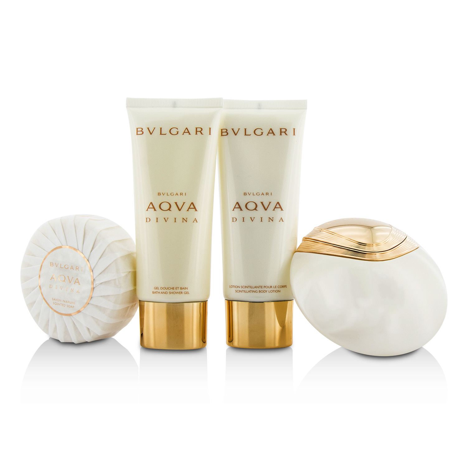 Bvlgari Aqva Divina Coffret: Eau De Toilette Spray 65ml/2.2oz + Loción Corporal 100ml/3.4oz + Gel de Ducha 100ml/3.4oz + Jabón150g/5oz 4pcs