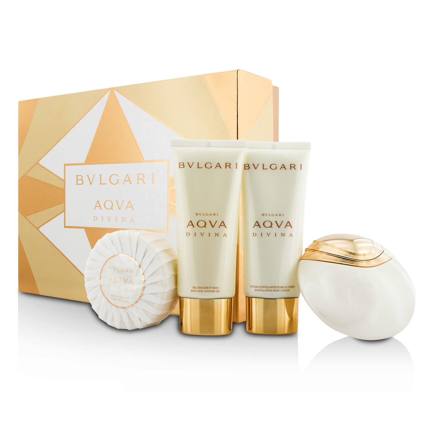 Bvlgari Aqva Divina szett: Eau De Toilette spray 65ml/2.2oz + testápoló lotion 100ml/3.4oz + tusolózselé 100ml/3.4oz + szappan 150g/5oz 4pcs