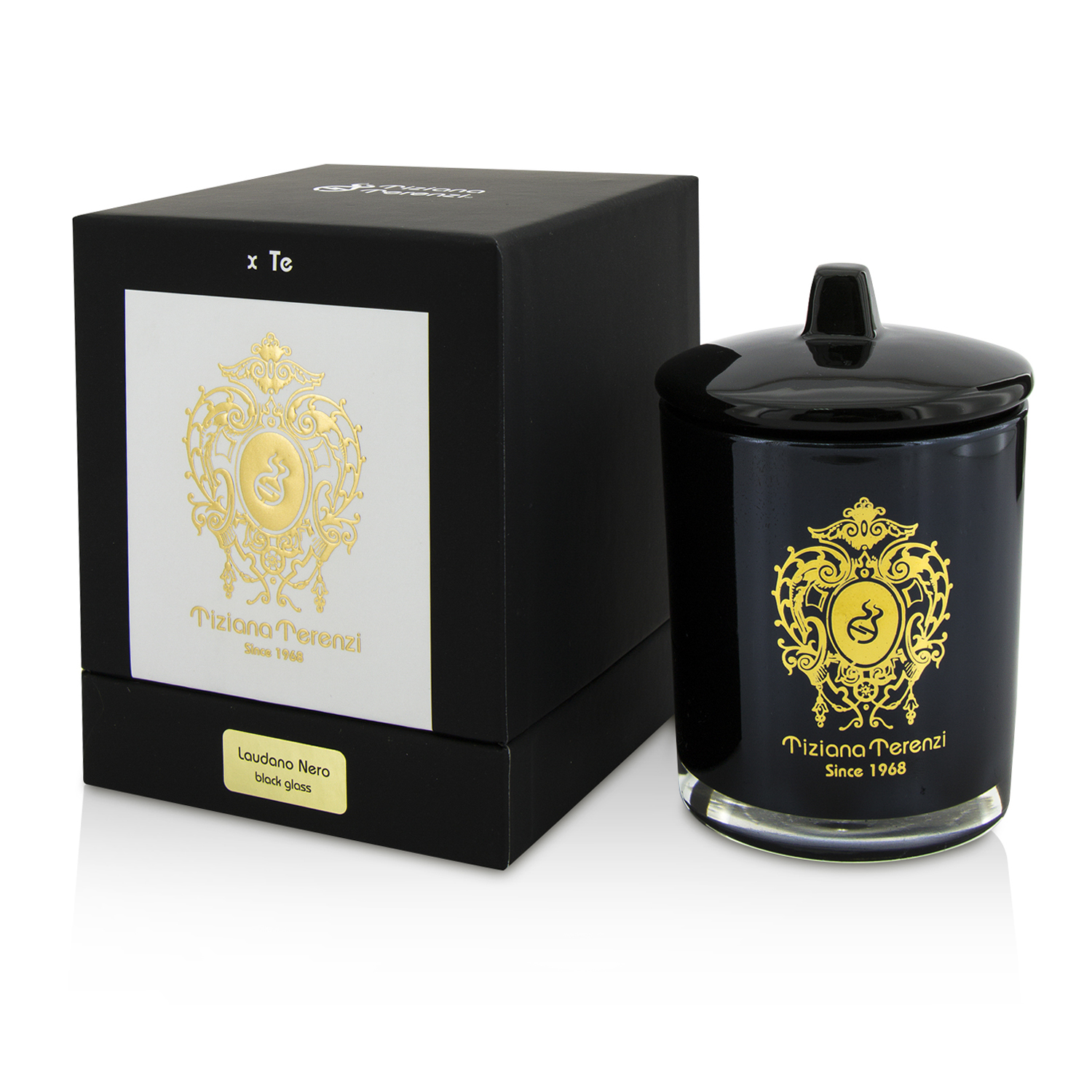 Tiziana Terenzi Glass Candle with Gold Decoration & Wooden Wick - Laudano Nero (Black Glass) 170g/6oz