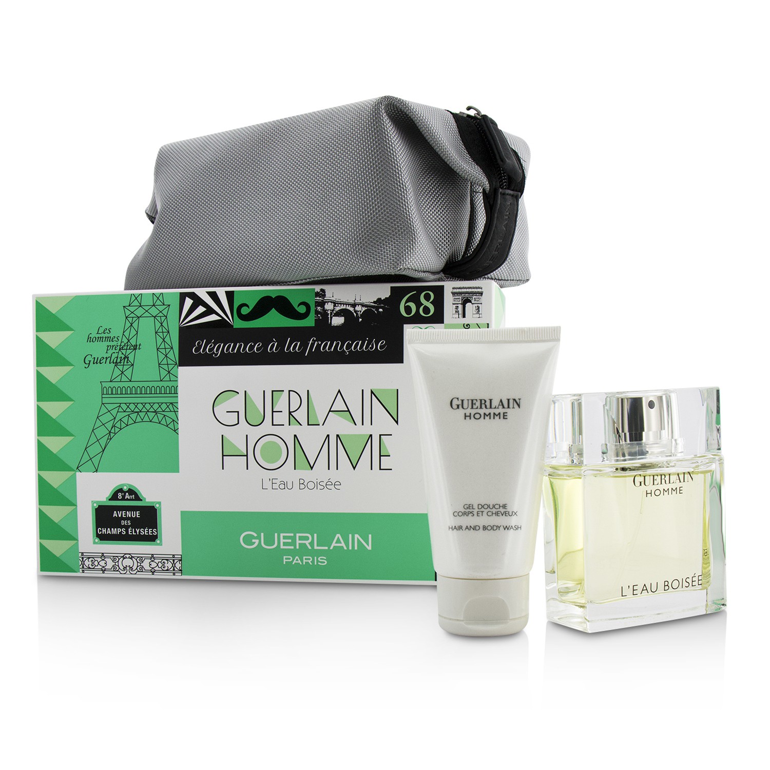 Guerlain Homme L'Eau Boisee Coffert: Eau De Toilette Spray 80ml/2.7oz + Hair and Body Wash 75ml/2.5oz + pouch 3pcs+pouch