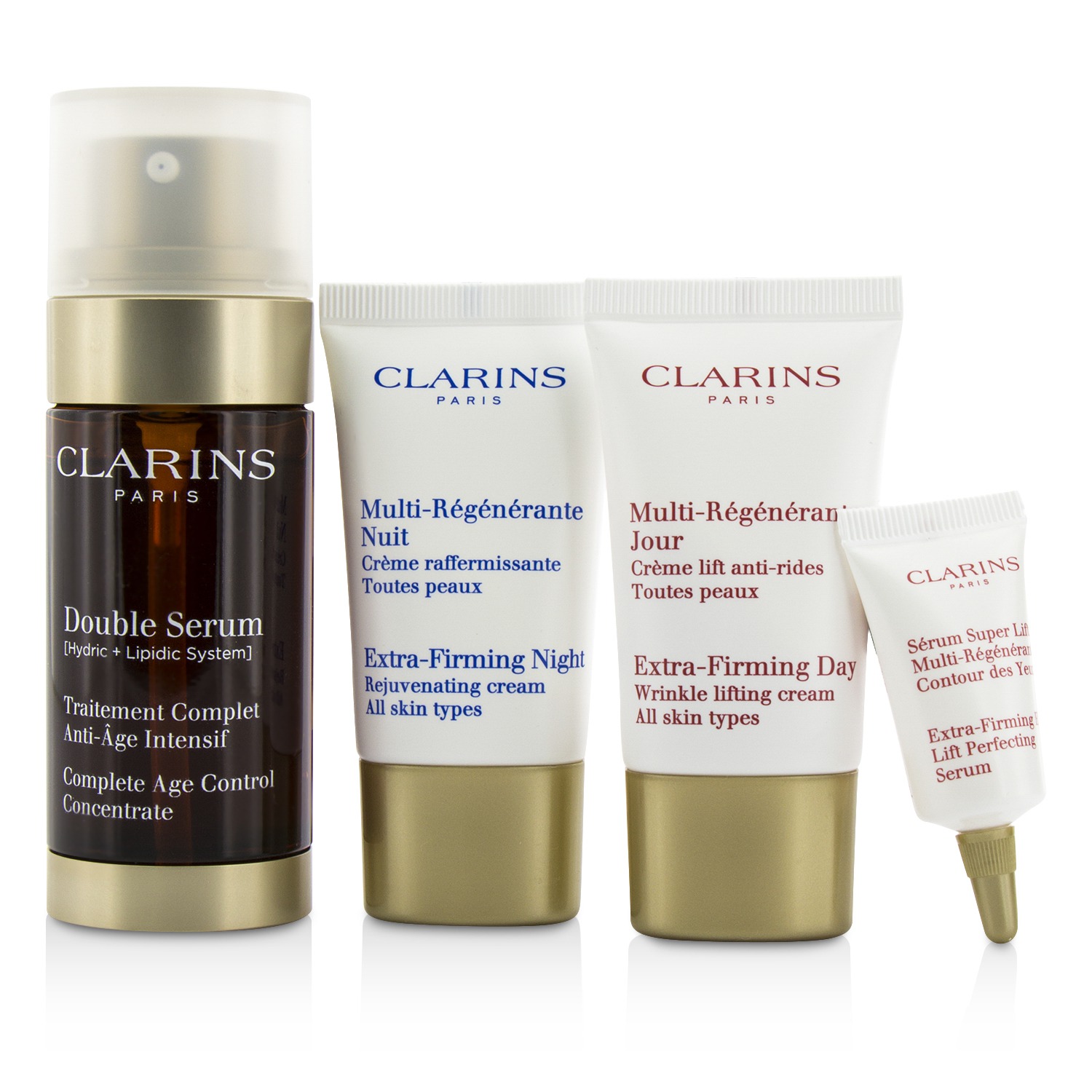 Clarins Expert Age Control Set: Double Serum 30ml + Extra Firming Day Cream 15ml + Night Cream 15ml + Eye Serum 3ml + Bag 4pcs+1bag