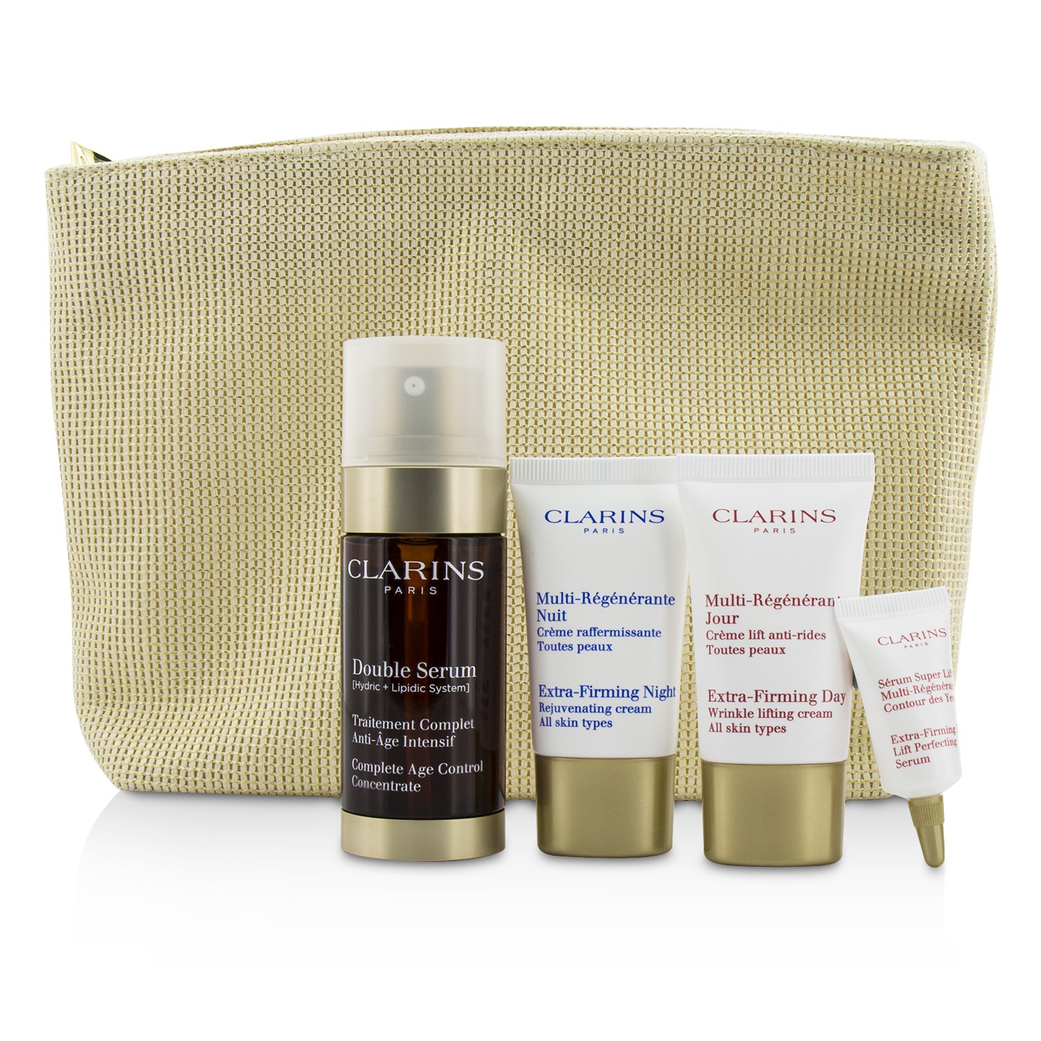 Clarins Expert Age Control Set: Double Serum 30ml + Extra Firming Day Cream 15ml + Night Cream 15ml + Eye Serum 3ml + Bag 4pcs+1bag