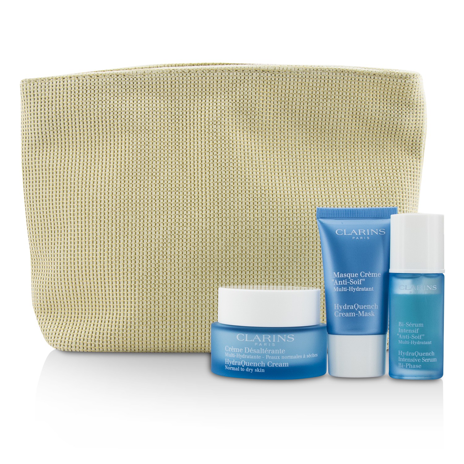 Clarins Moisture Must-Haves Set: HydraQuench Cream 50ml + Serum 15ml + Cream Mask 15ml + Bag 3pcs+1bag