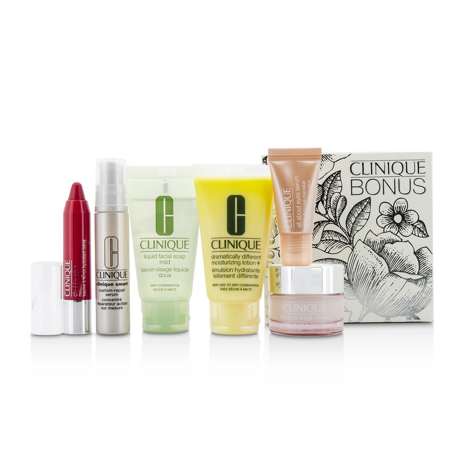 Clinique Travel Set: Facial Soap 30ml + DDML+ 30ml + Moisture Surge Intense 15ml + Smart Serum 10ml +Eye Serum 5ml + Chubby Stick #05 6pcs