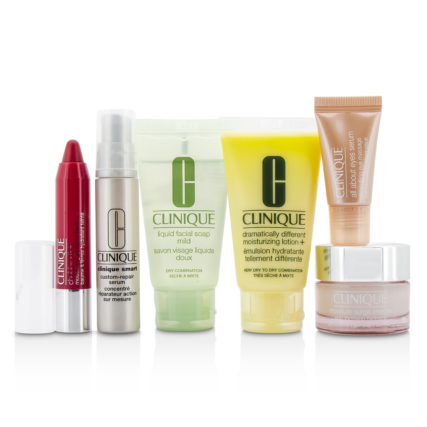 Clinique Travel Set: Facial Soap 30ml + DDML+ 30ml + Moisture Surge Intense 15ml + Smart Serum 10ml +Eye Serum 5ml + Chubby Stick #05 6pcs