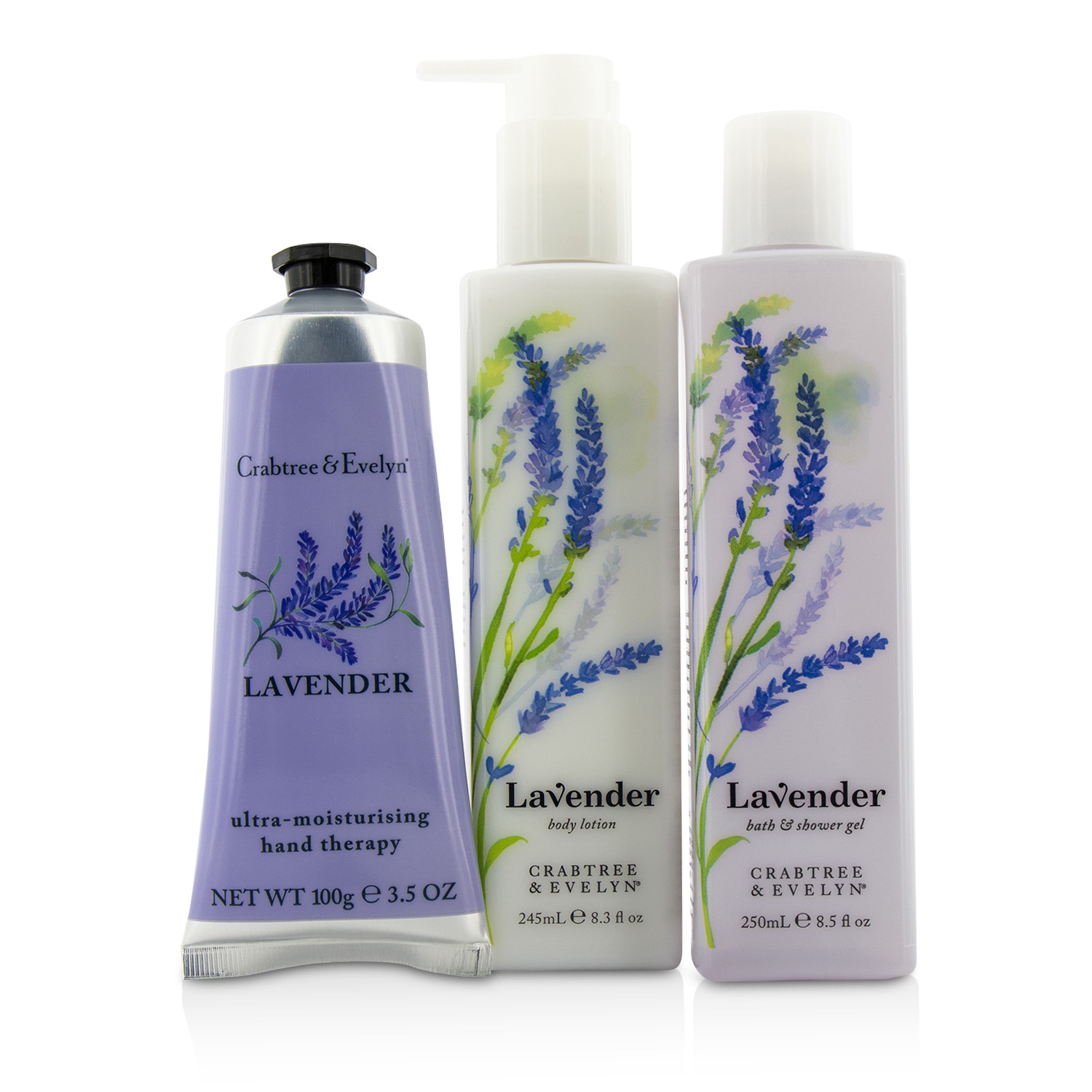 Crabtree & Evelyn Lavender Essentials Set: Bath & Shower Gel 250ml + Body Lotion 245ml + Ultra-Moisturising Hand Therapy 100g 3pcs