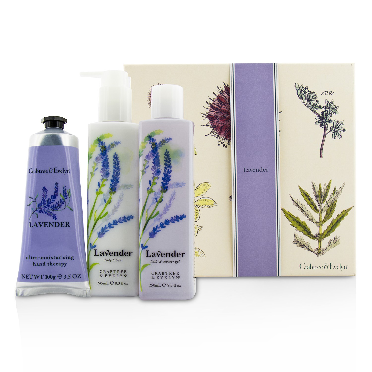 크랩트리 & 에블린 Crabtree & Evelyn Lavender Essentials Set: Bath & Shower Gel 250ml + Body Lotion 245ml + Ultra-Moisturising Hand Therapy 100g 3pcs