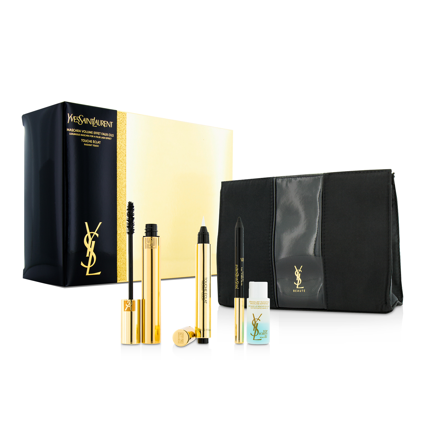 Yves Saint Laurent Volume Mascara & Touche Eclat Set: Touche Eclat + Mascara + Eye Pencil + Makeup Remover (With Pouch) 4pcs