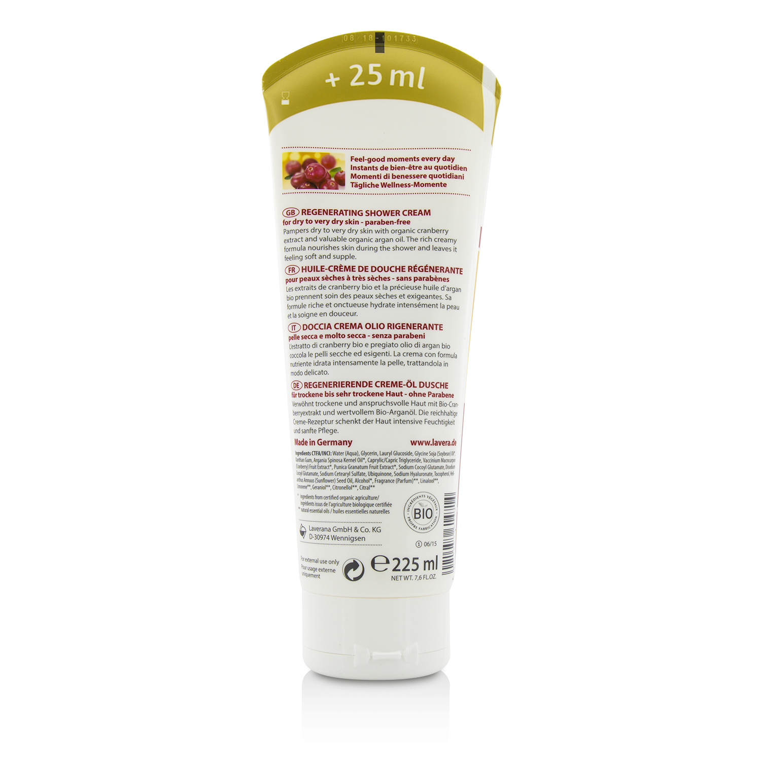 Lavera Organic Cranberry & Argan Oil Regenerating Shower Cream - For Dry To Very Dry Skin (Limited Edition) 225/7.6oz