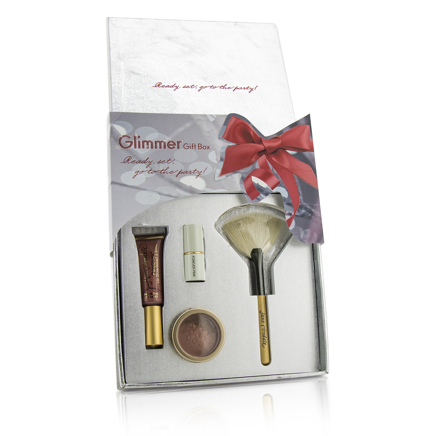 Jane Iredale Zestaw The Glimmer Gift Box: 1x PureGloss Lip Gloss, 1x 24 Karat Gold Dust Shimmer Powder, 1x Mini Just Kissed Lip & Cheek Stain, 1x White Fan Brush (Travel Size) 4pcs