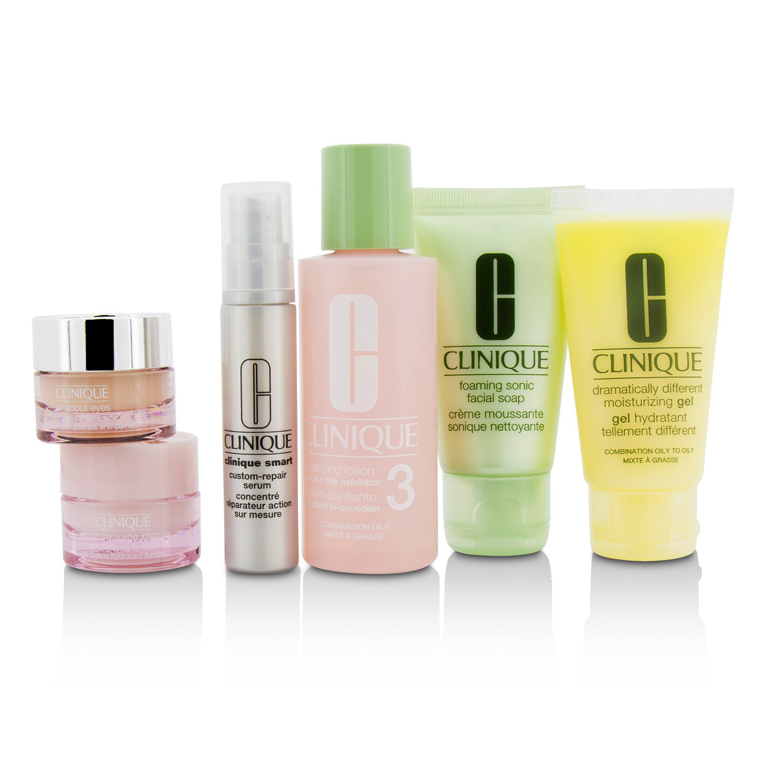 Clinique Travel Set: Sonic Facial Soap + Clarifying Lotion 3 + DDMG + Smart Serum + Moisture Surge Intense + All About Eyes + Bag 6pcs+1bag