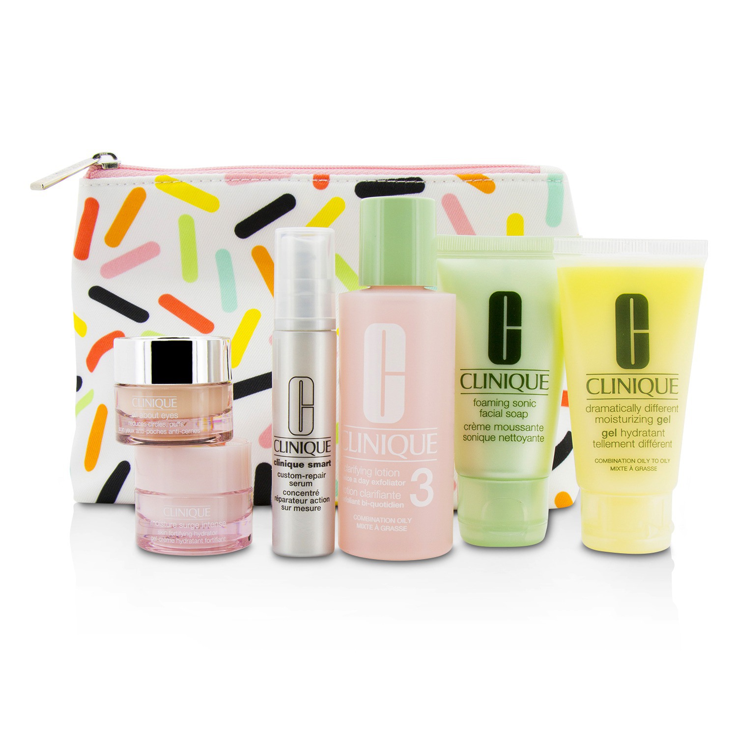 Clinique Travel Set: Sonic Facial Soap + Clarifying Lotion 3 + DDMG + Smart Serum + Moisture Surge Intense + All About Eyes + Bag 6pcs+1bag