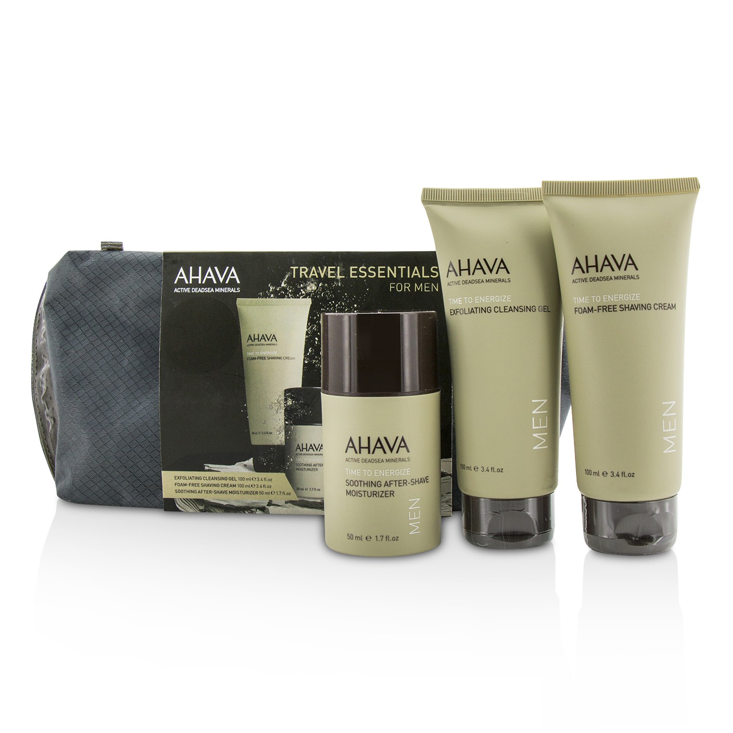 Ahava Travel Essentials For Men Set: Exfoliating Cleansing Gel 100ml + Shaving Cream 100ml + After-Shave Moisturizer 50ml 3pcs