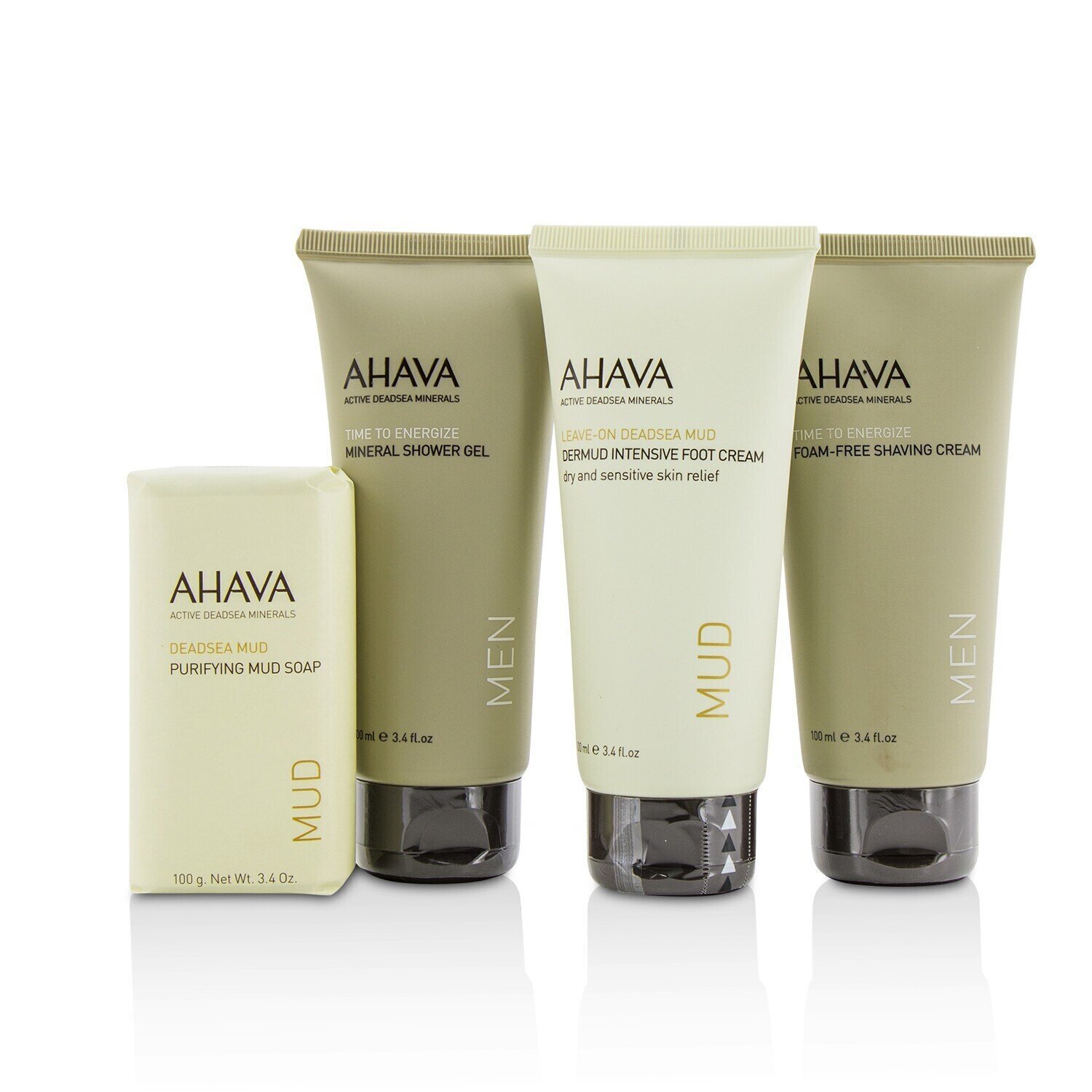 Ahava Men's Care Set: Shaving Cream 100ml + Mineral Shower Gel 100ml + Dermud Intensive Foot Cream 100ml + Purifying Mud Soap 100g 4pcs