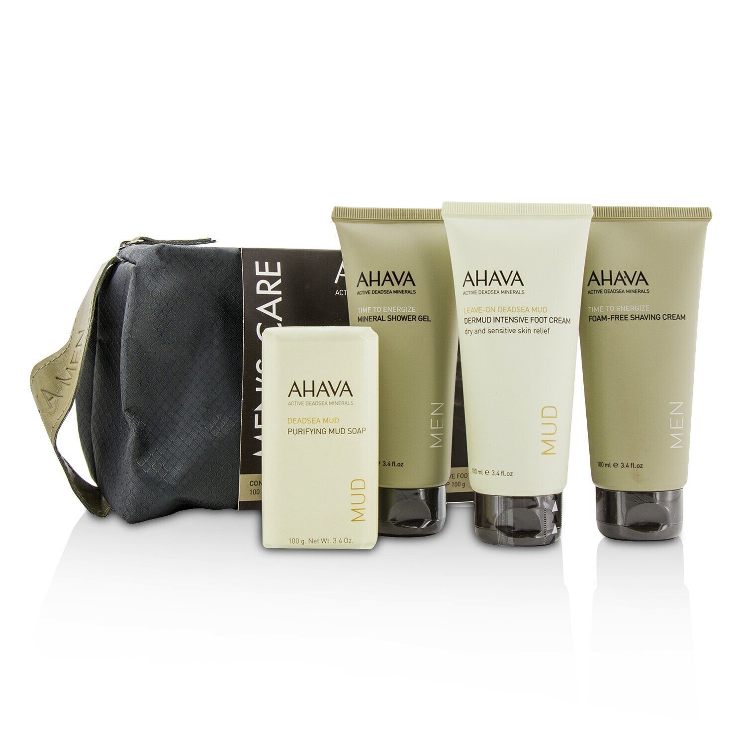 Ahava Men's Care Set: Shaving Cream 100ml + Mineral Shower Gel 100ml + Dermud Intensive Foot Cream 100ml + Purifying Mud Soap 100g 4pcs