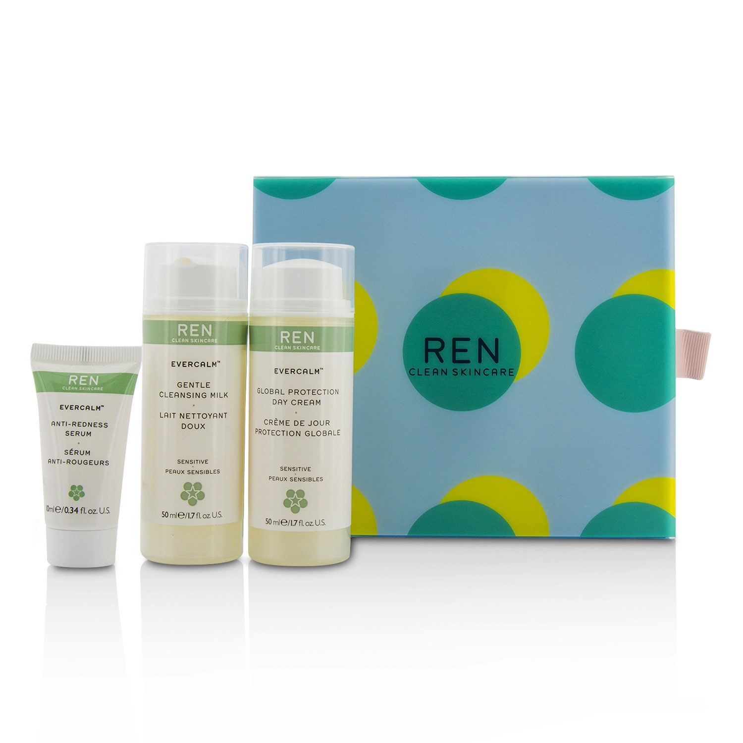 Ren مجموعة البشرة الحساسة Evercalm: 1x حليب لطيف منظف 50مل، 1x سيرم مضاد للاحمرار 10مل، 1x كريم نهاري وقائي 50مل 3pcs