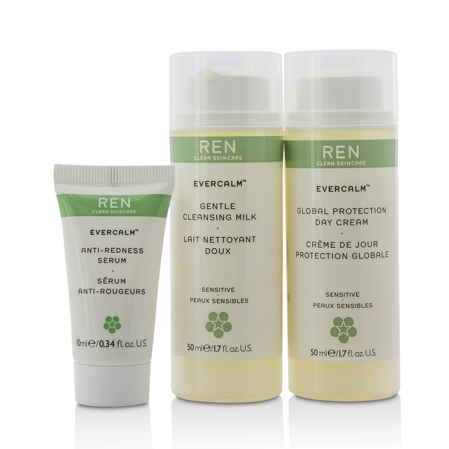 Ren مجموعة البشرة الحساسة Evercalm: 1x حليب لطيف منظف 50مل، 1x سيرم مضاد للاحمرار 10مل، 1x كريم نهاري وقائي 50مل 3pcs