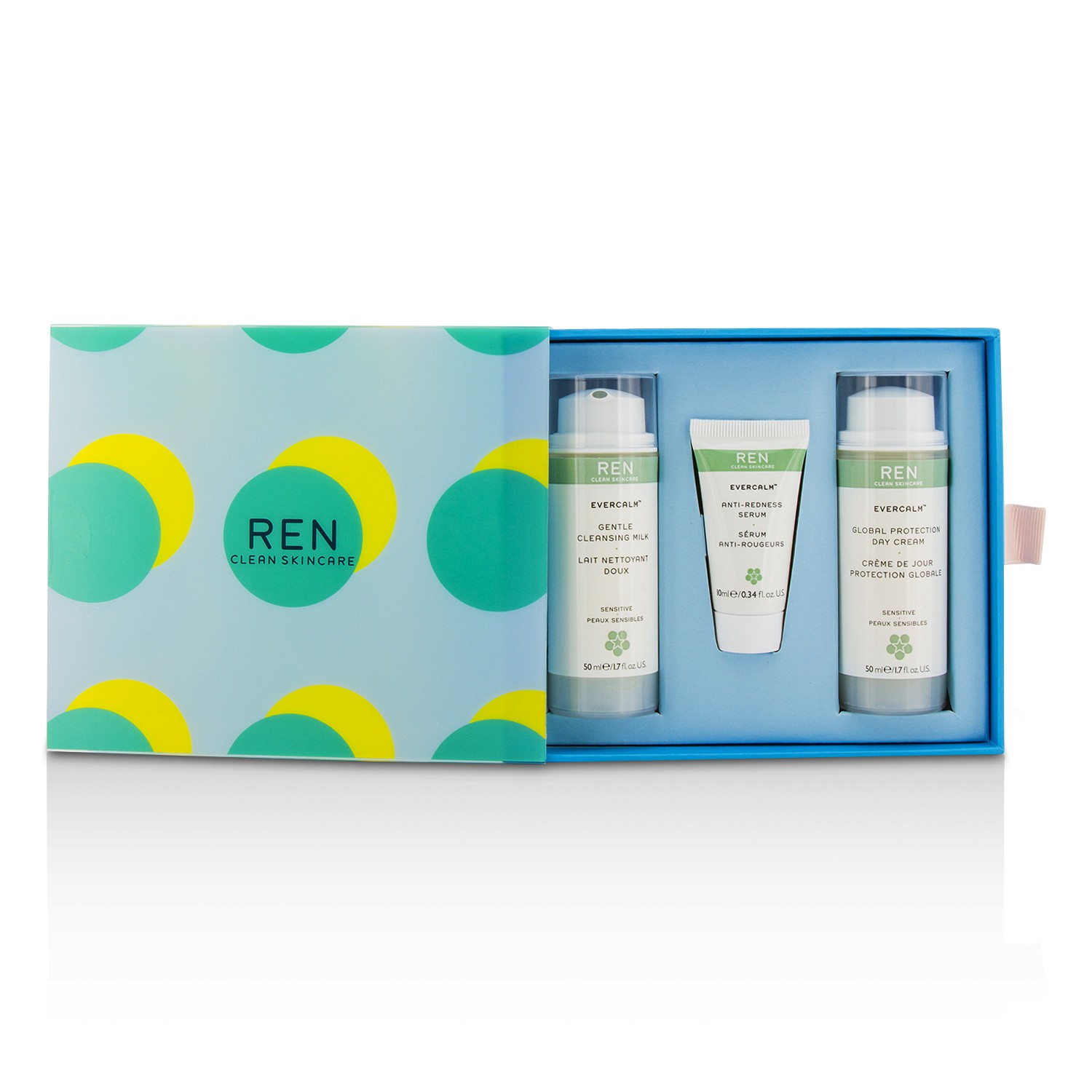 Ren Evercalm Sensitive Skin Kit: 1x Gentle Cleansing Milk 50ml, 1x Anti-Redness Serum 10ml, 1x Global Protection Day Cream 50ml 3pcs