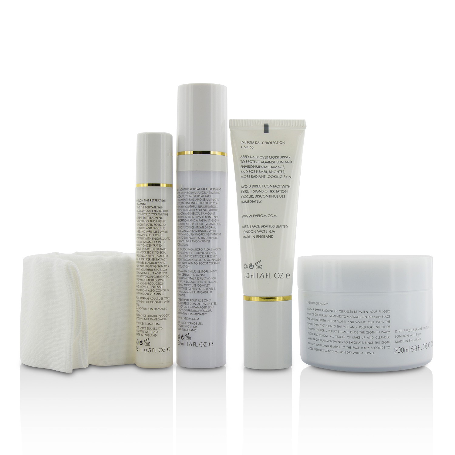 Eve Lom Restorative Ritual Set: Cleanser 200 ml+Face Treatment 50 ml+Eye Treatment 15 ml+Daily Protection SPF 50 50 ml+Musselinklut 5pcs