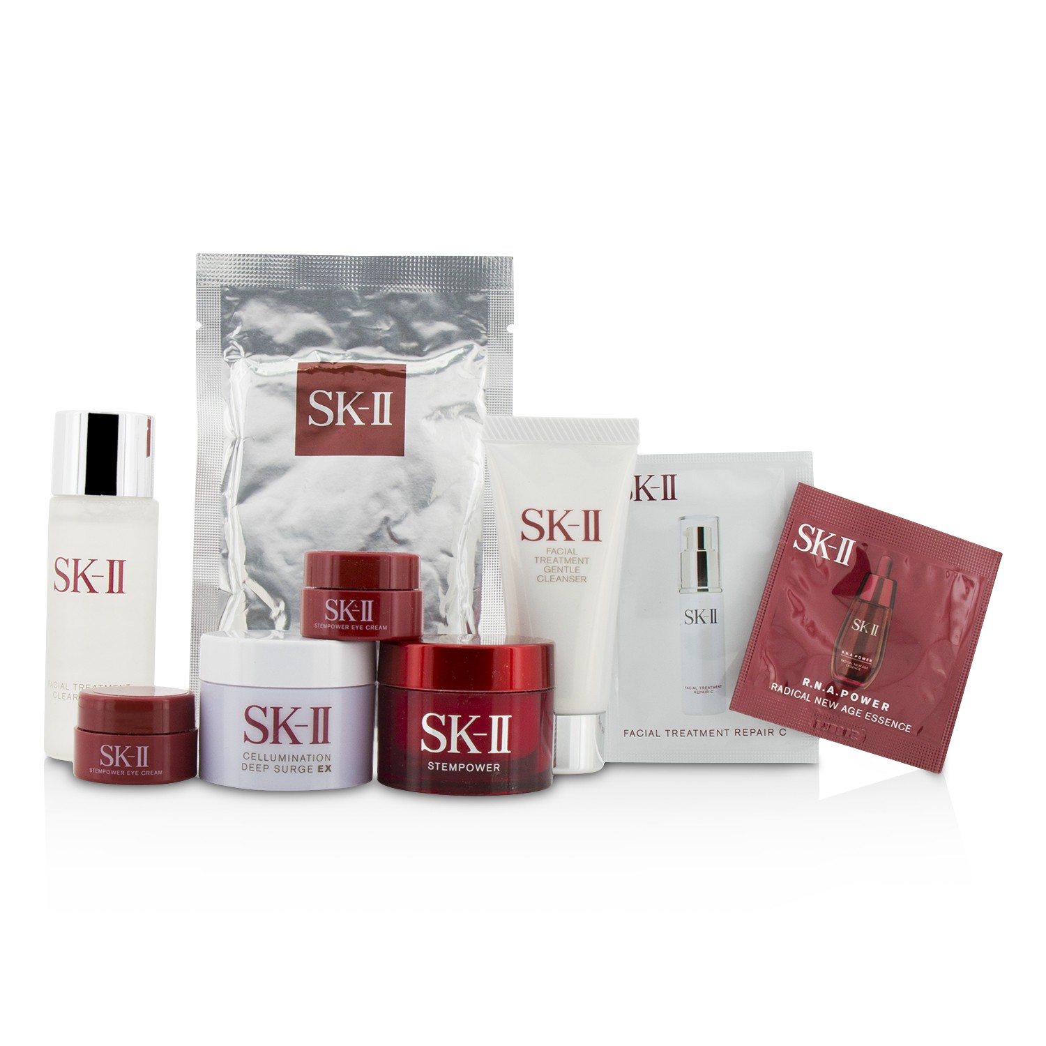 SK II Travel Set: Cleanser 20g +Clear Lotion 30ml + Mask 1pc + Stempower 15g + Deep Surge Ex 15g + Stempower Eye Cream 2x2.5g 7pcs