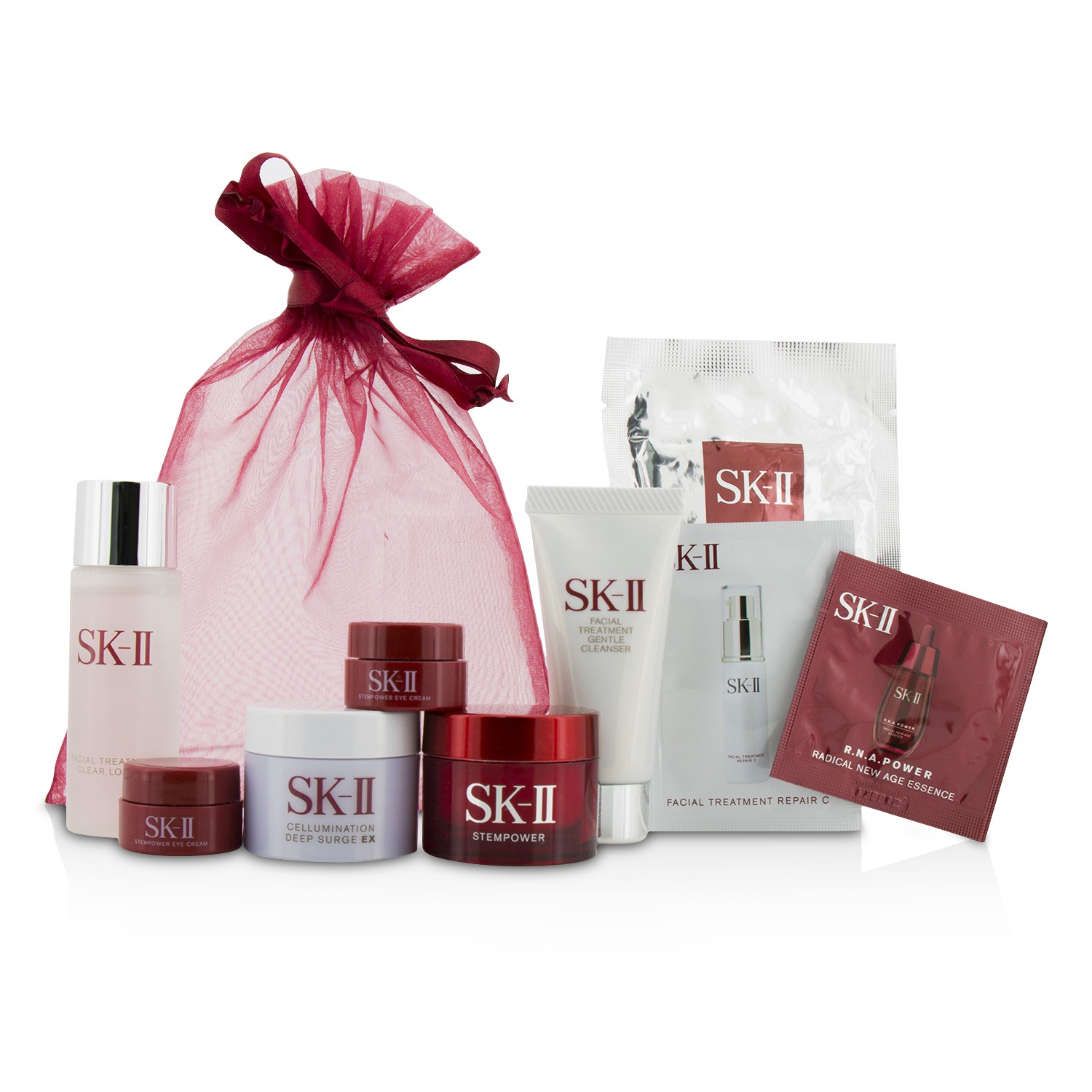 SK II Travel Set: Cleanser 20g +Clear Lotion 30ml + Mask 1pc + Stempower 15g + Deep Surge Ex 15g + Stempower Eye Cream 2x2.5g 7pcs