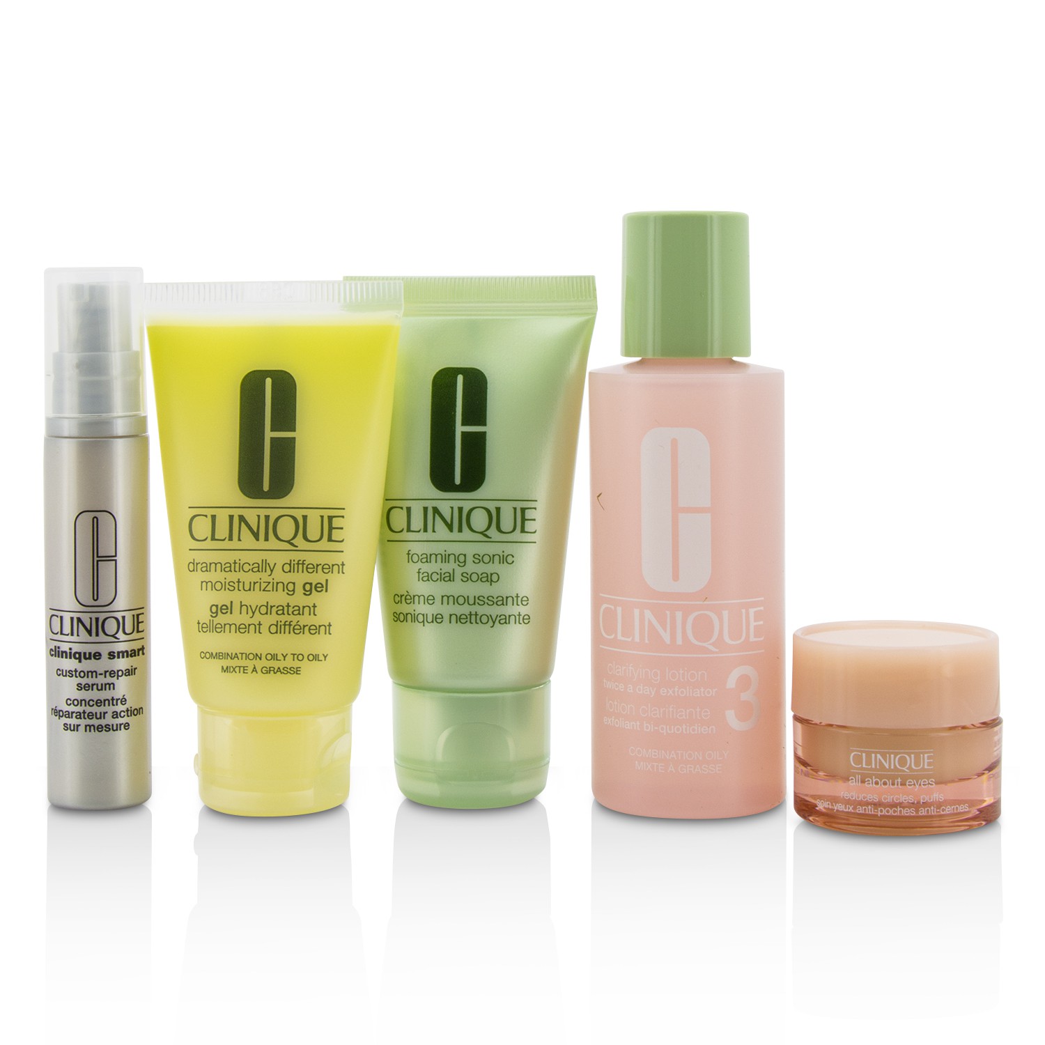 Clinique Reisesett: Aniktssåpe 30 ml + Krem 3 60ml + DDMG 30 ml + Serum 10 ml + All About Eyes 7 ml + toalettmappe 5pcs+1bag