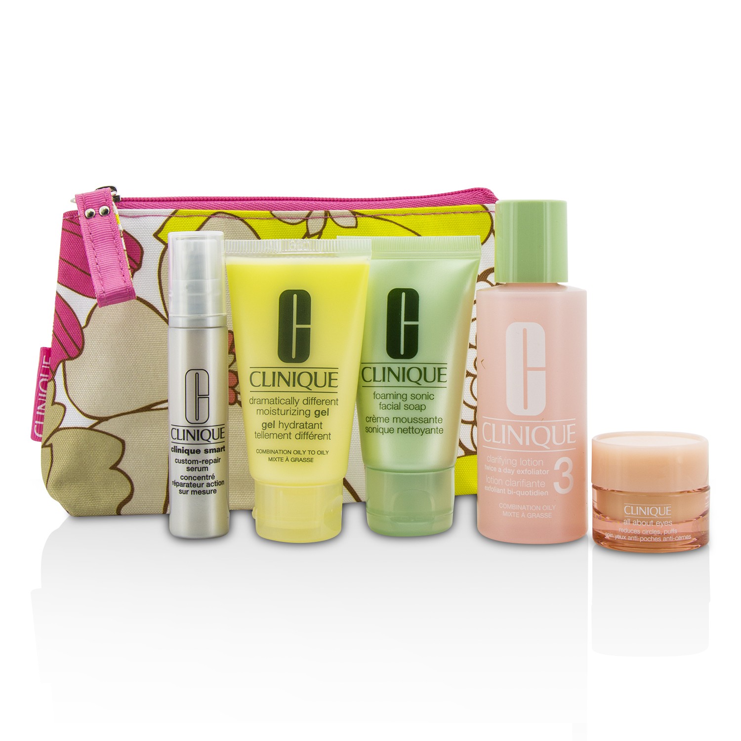 Clinique Reisesett: Aniktssåpe 30 ml + Krem 3 60ml + DDMG 30 ml + Serum 10 ml + All About Eyes 7 ml + toalettmappe 5pcs+1bag