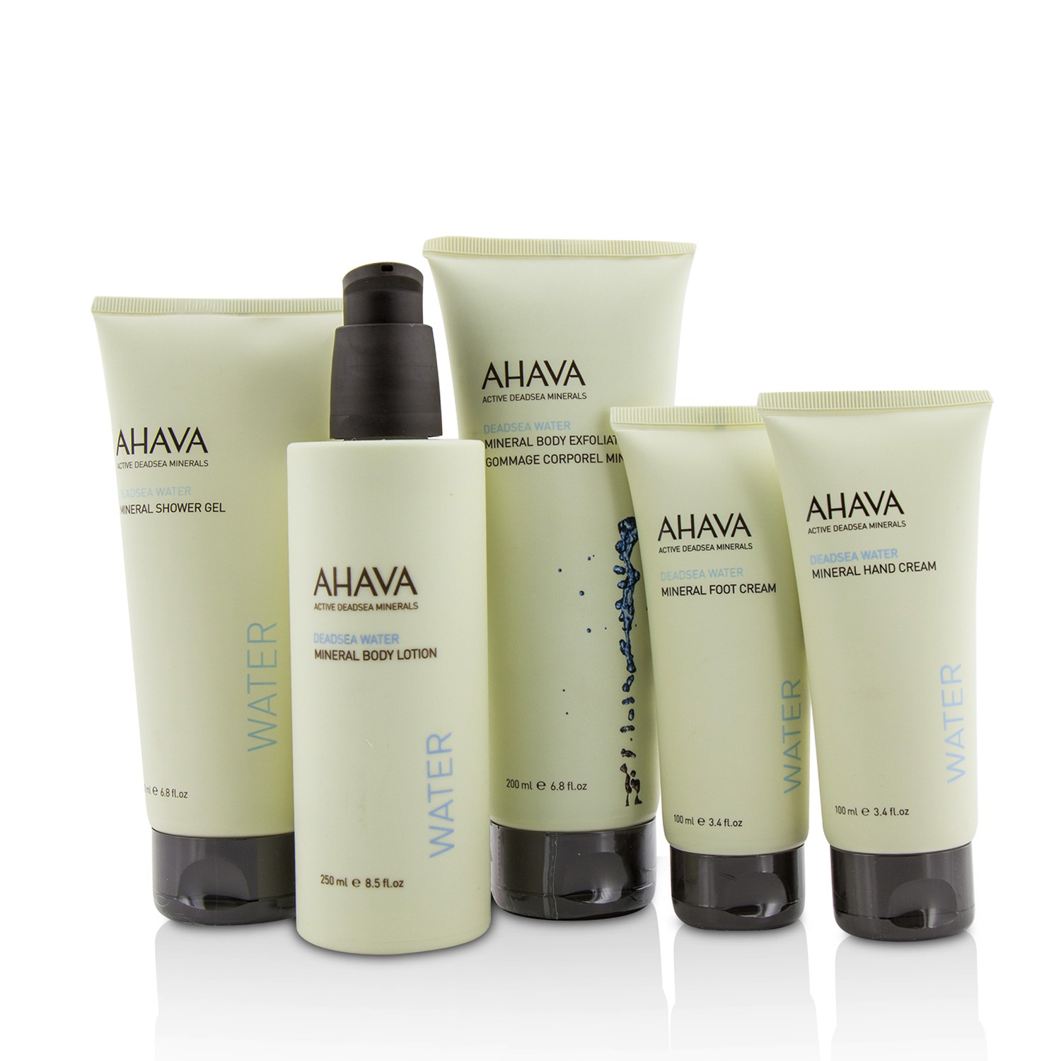 Ahava Deadsea Water Mineral Body Kit: Shower Gel + Body Exfoliator + Body Lotion + Hand Cream + Foot Cream + Gold Bag 5pcs+1bag