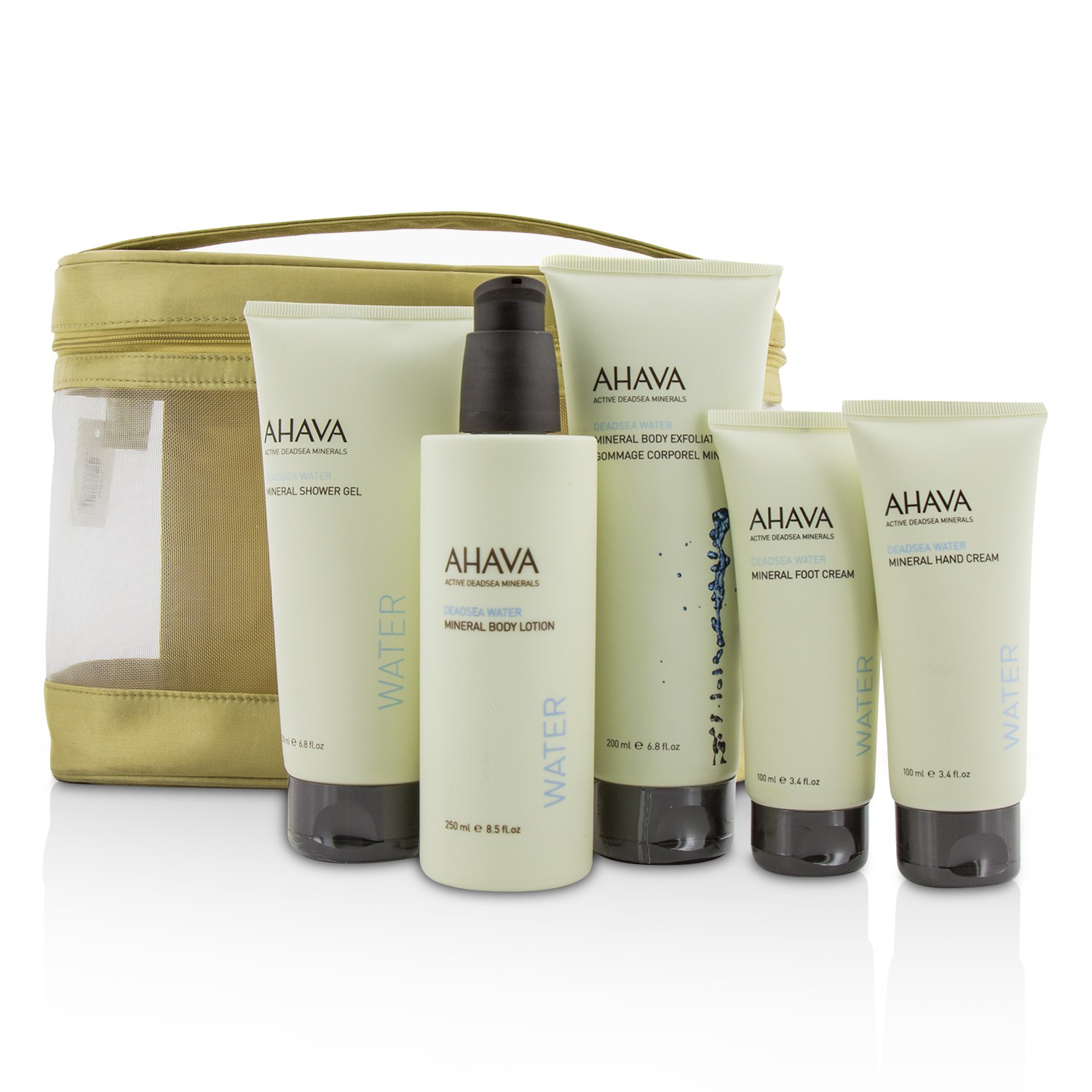 Ahava Deadsea Water Mineral Body Kit: Shower Gel + Body Exfoliator + Body Lotion + Hand Cream + Foot Cream + Gold Bag 5pcs+1bag