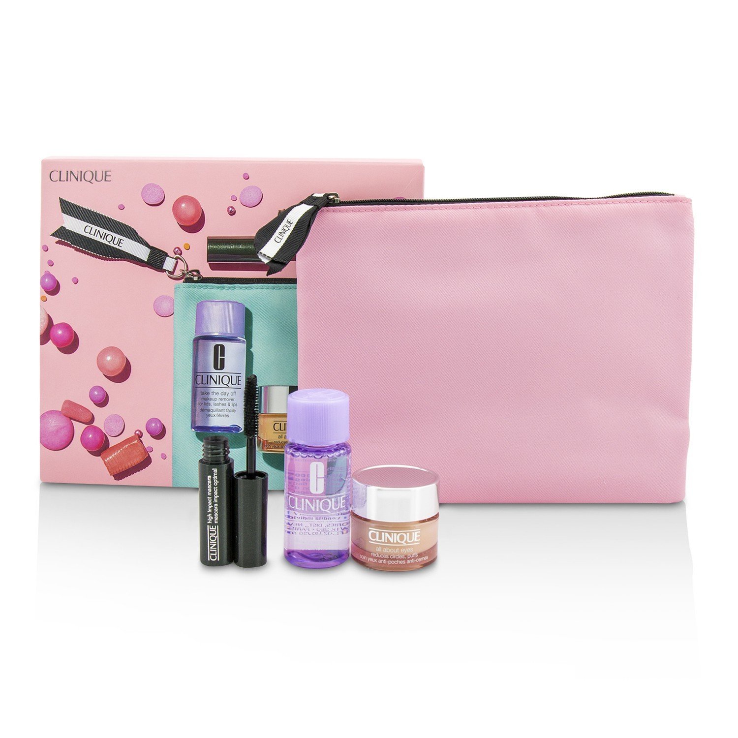 Clinique Travel Set: All About Eye 15ml + Mascara 3.5ml + Eye Makeup Remover 30ml+1Bag 3pcs+1bag