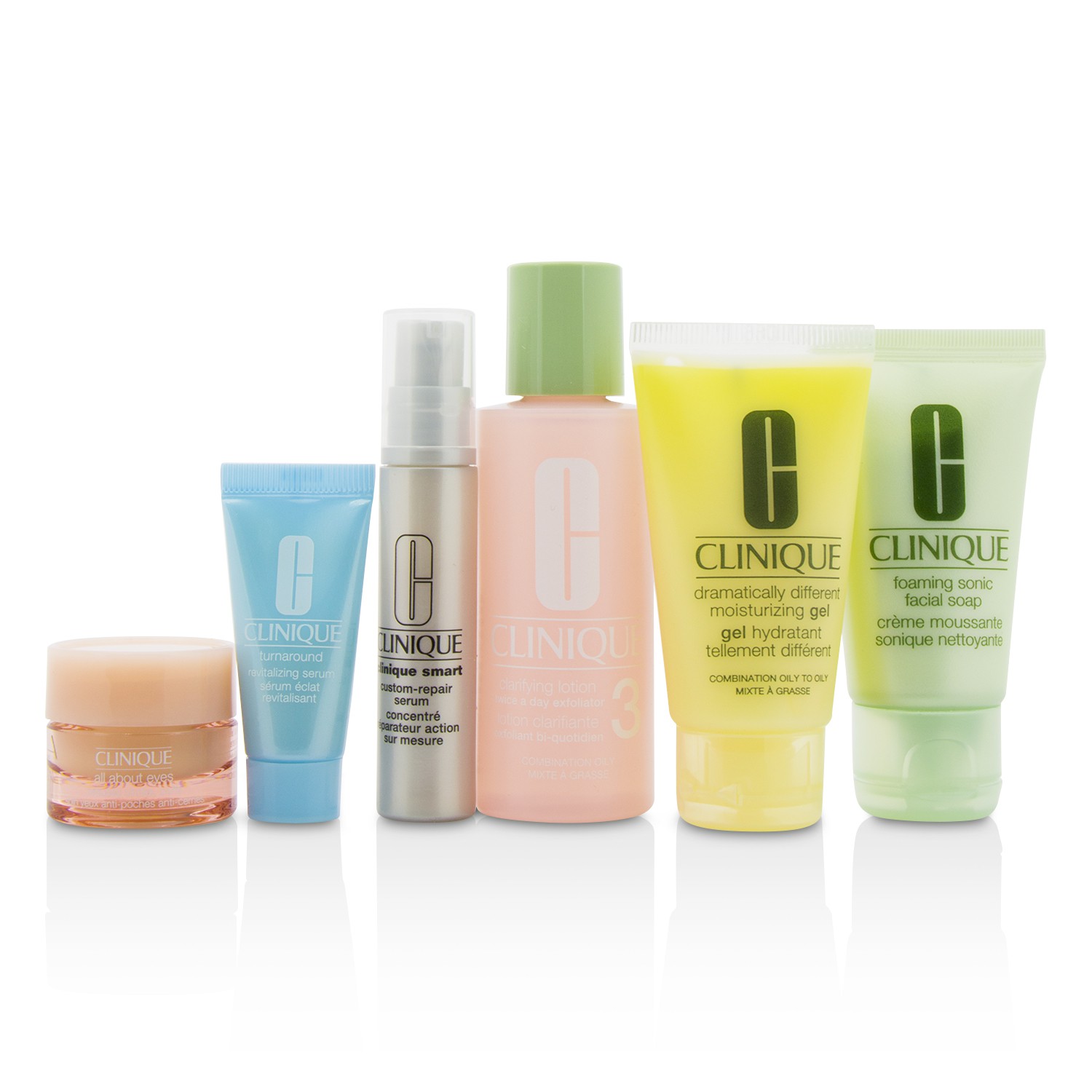 Clinique Zestaw podróżny Travel Set: Facial Soap 30ml+Lotion 3 60ml+DDMG 30ml+Smart Serum 10ml+Turnaround Serum 7ml+All About Eyes 7ml+Bag 6pcs+1bag