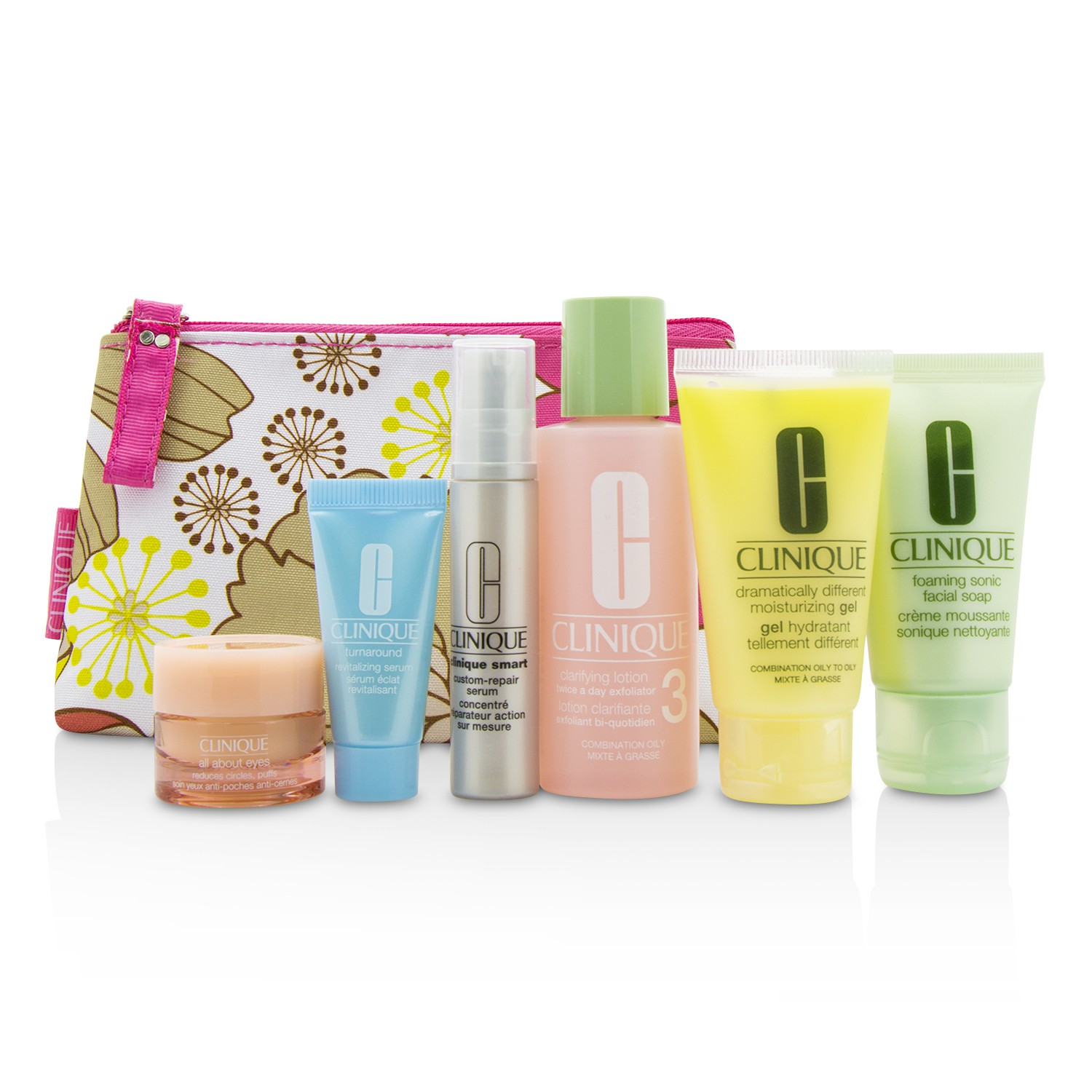 Clinique Set de Viaje: Jabón Facial 30ml+Loción 3 60ml+DDMG 30ml+Suero Inteligente 10ml+Turnaround Suero 7ml+Todo Acerca de Ojos 7ml+Bolsa 6pcs+1bag