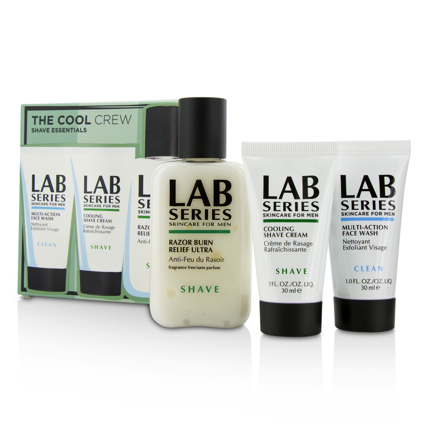 Lab Series The Cool Crew Shave Essentials Kit: Multi-Action Face Wash 30ml + Cooling Shave Cream 30ml + Razor Burn Relief Ultra 100ml 3pcs