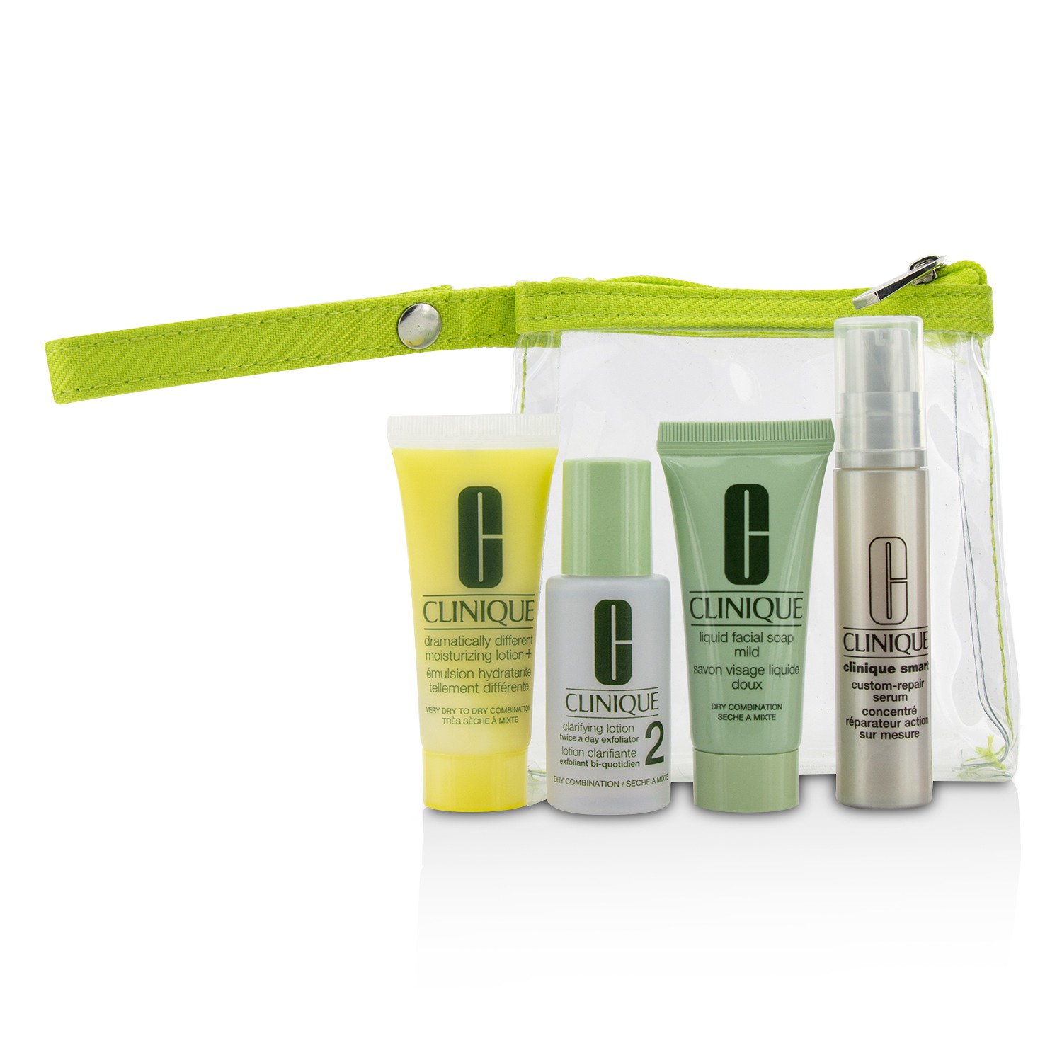 Clinique Travel Set: Liquid Facial Soap Mild + Clarifying Lotion 2 + DDML+ + Smart Custom-Repair Serum + Bag 4pcs+1bag