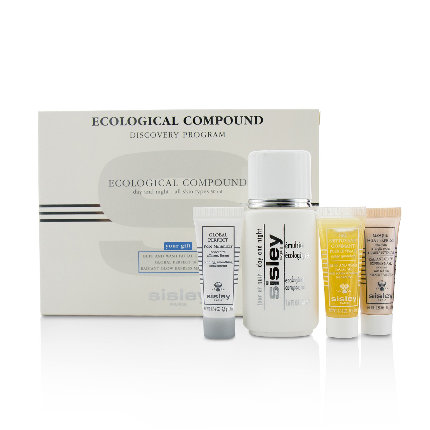 Sisley Ecological Compound Discovery Program: Ecological Compound 50ml, Buff & Wash Facial Gel 10ml, Global Perfect 10ml, Radian... 4pcs