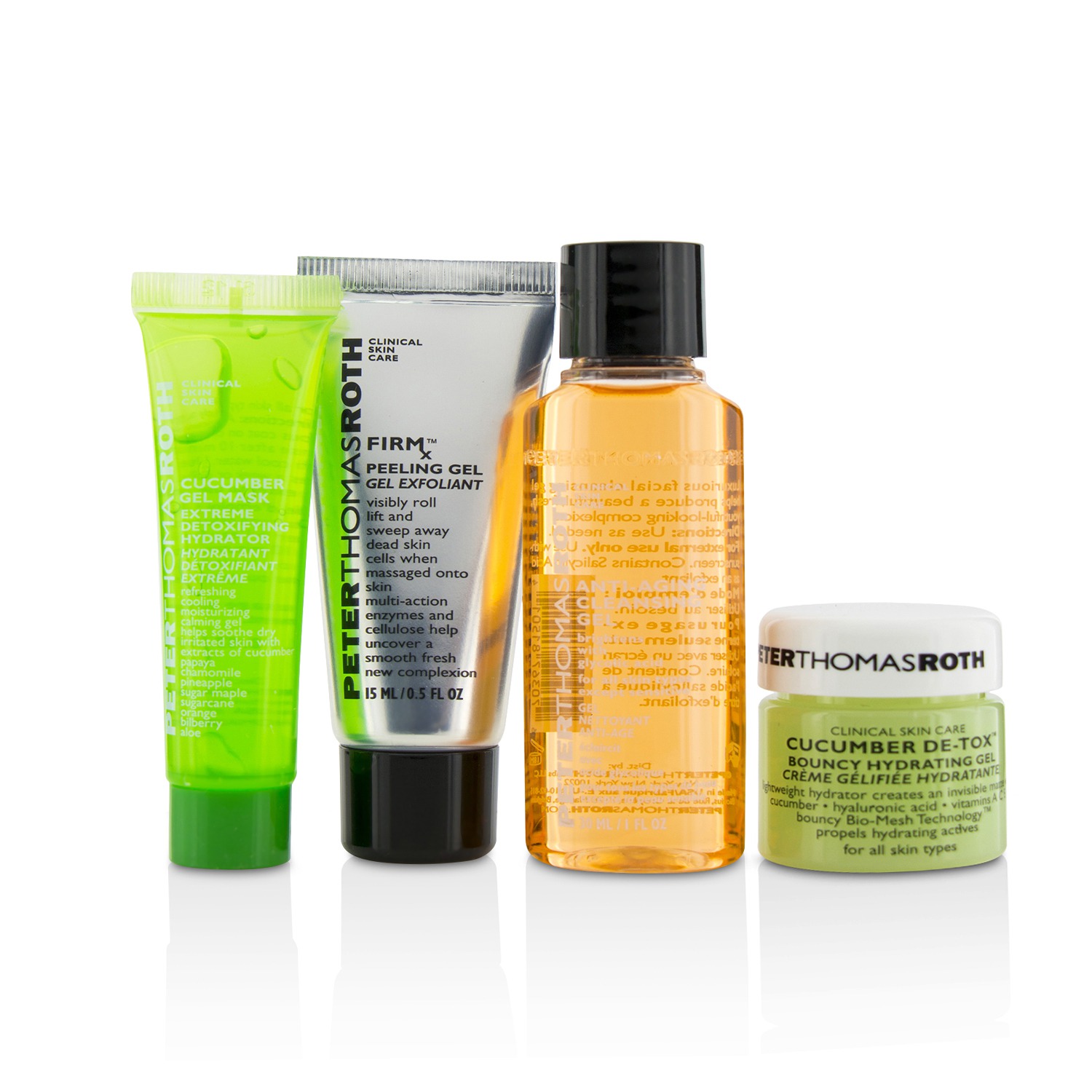 Peter Thomas Roth Kit Facial En La Marcha: Cucumber De-Tox Bouncy Gel Hidratante 15ml + Cucumber Gel Mascarilla 14ml + Gel Limpiador Anti Envejecimiento 30ml + FirmX Gel Peeling 15ml 4pcs