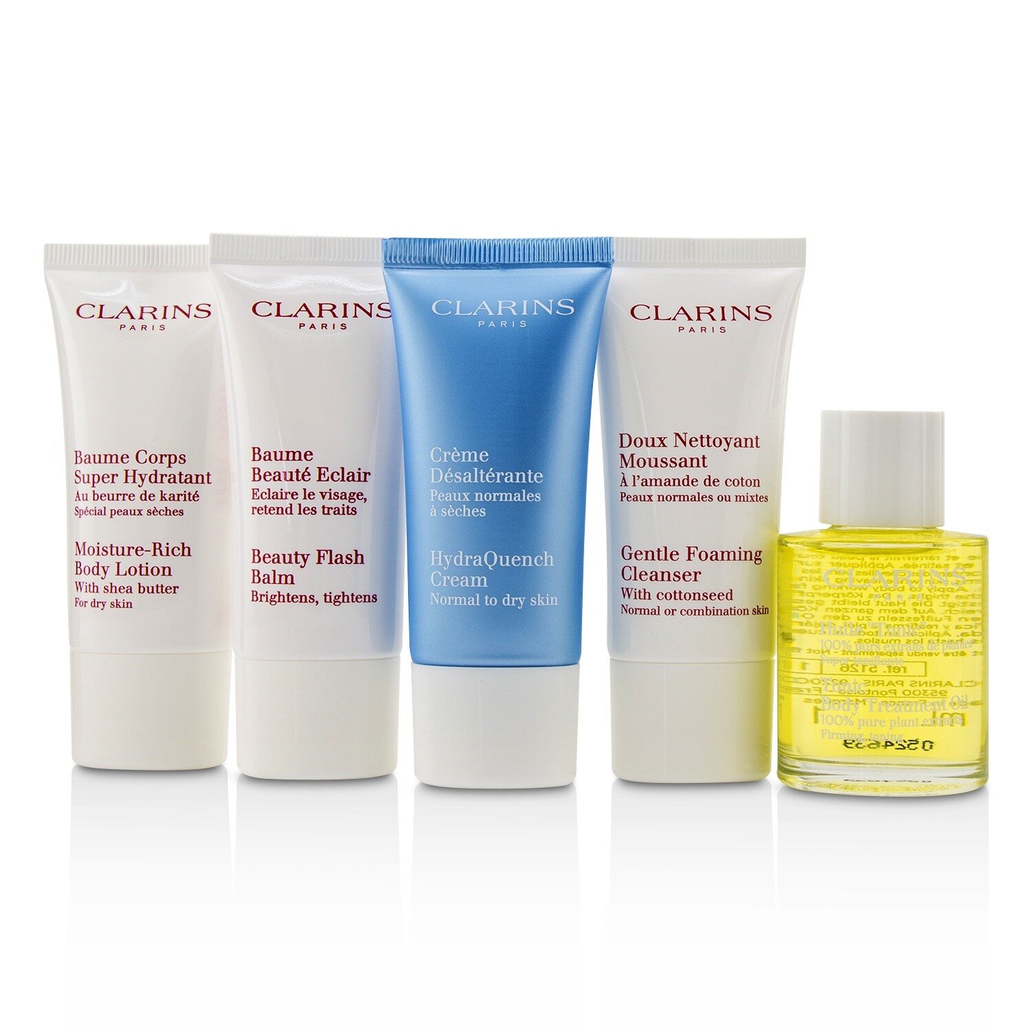 Clarins 克蘭詩 (嬌韻詩) 法國美容盒: 1x 潔面泡沫 30ml, 1x 平衡保濕霜 30ml, 1x 晶瑩亮麗霜 30ml, 1x 爽膚潤膚油, 1x 身體保濕露 5件