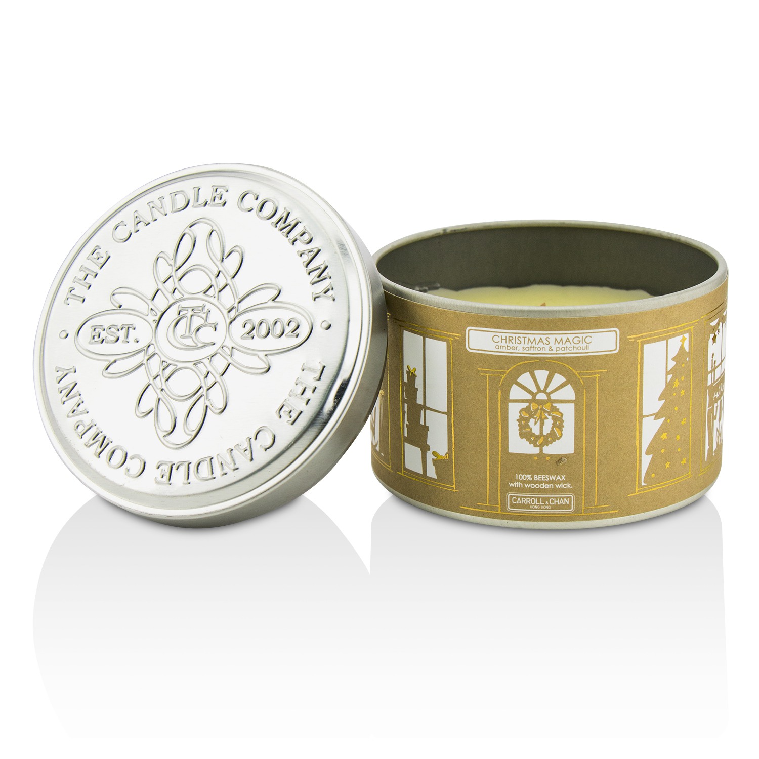 The Candle Company Tin Can 100% Beeswax Candle with Wooden Wick - Christmas Magic (Amber, Saffron & Patchouli) (8x5) cm