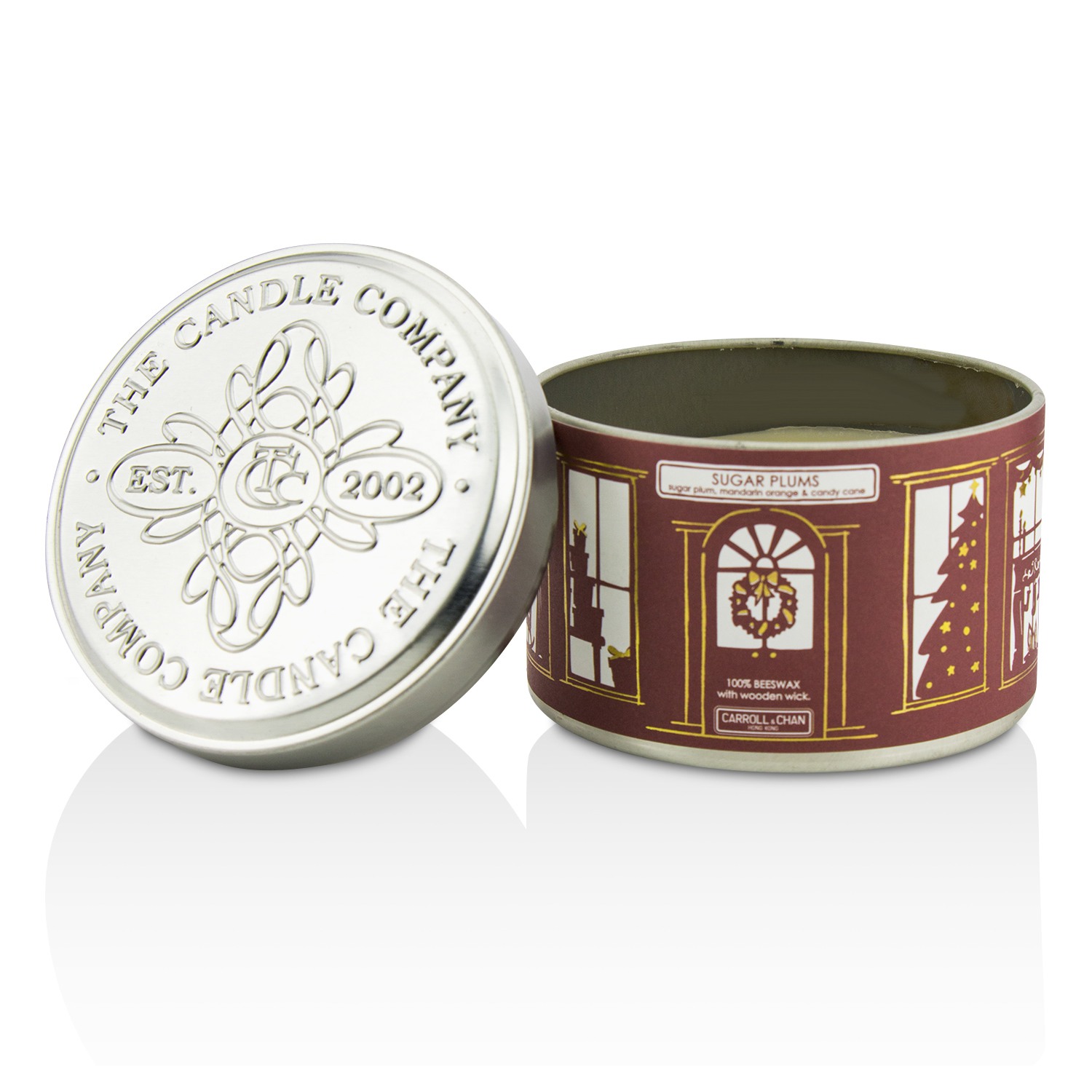 The Candle Company Tin Can 100% Beeswax Candle with wooden Wick – Mehiläisvahakynttilä puisella sydämellä - Sugar Plums (Sugar Plum, Mandarin Orange & Candy Cane) (8x5) cm