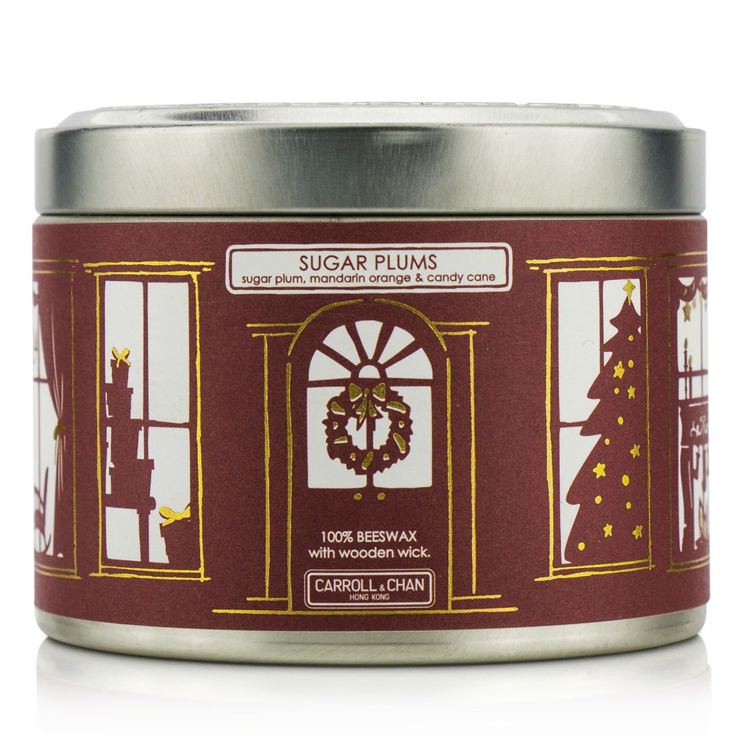 The Candle Company Tin Can 100% Beeswax Candle with Wooden Wick - Sugar Plums (Sugar Plum, Mandarin Orange & Candy Cane) (8x5) cm